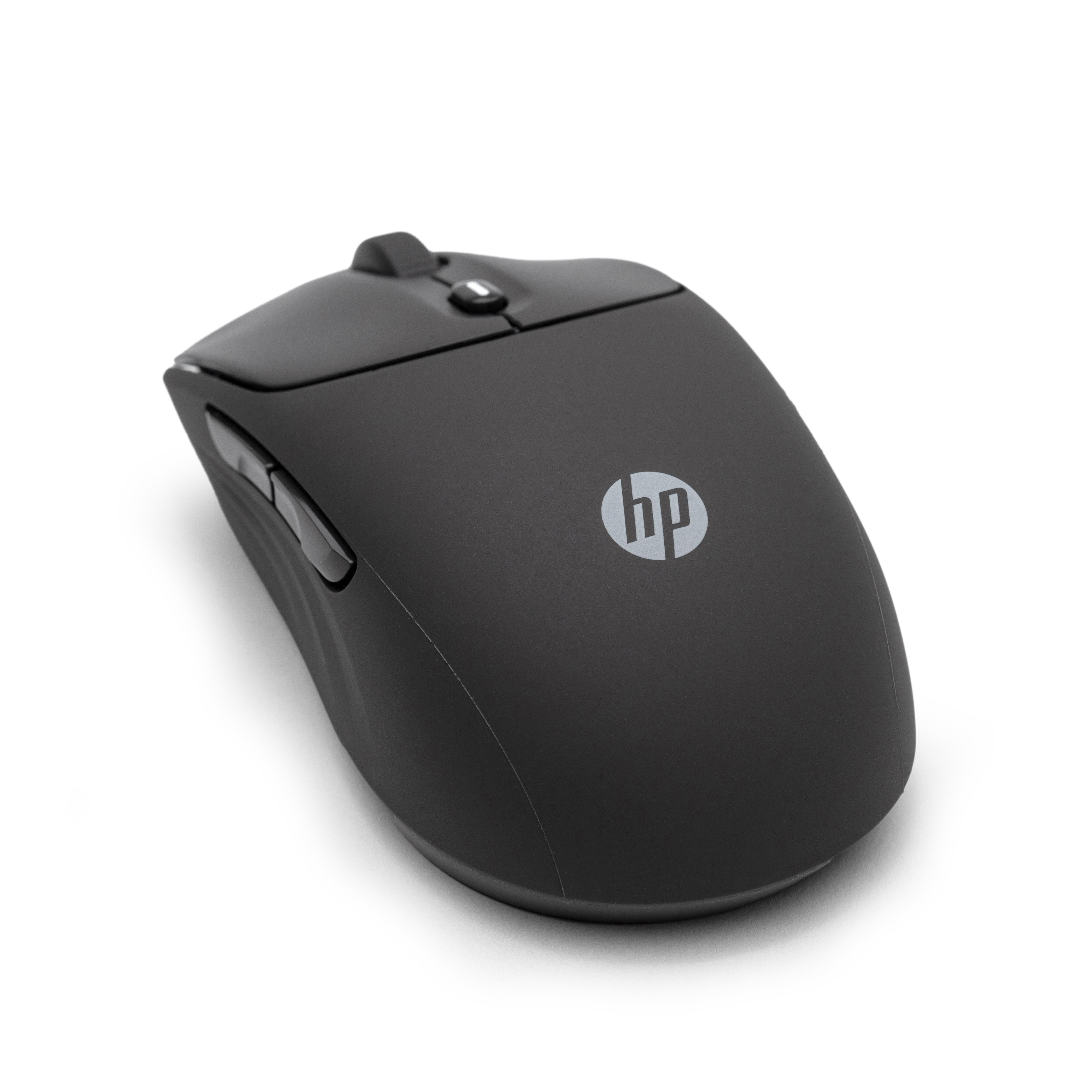 Schwarze HP-Maus auf weißem Hintergrund. Hat ein Logo und Tasten. Schatten rechts.