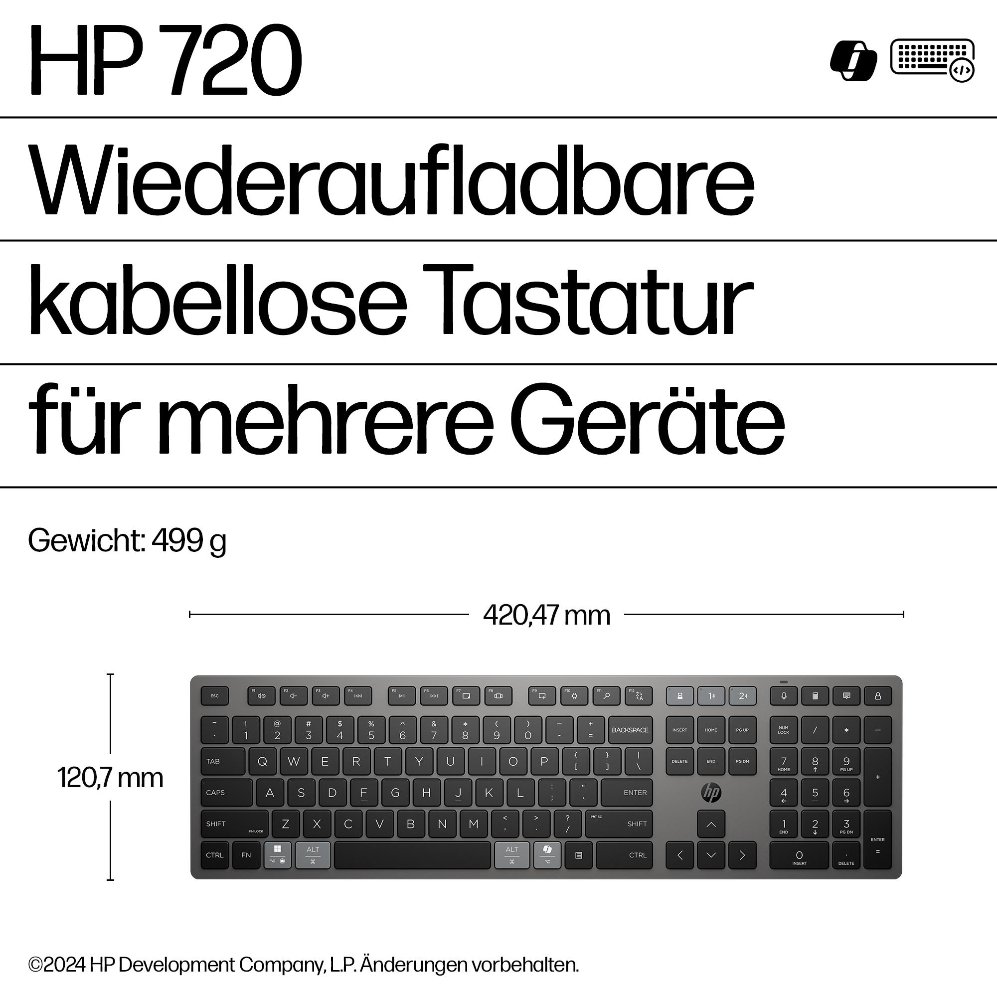 Das Bild zeigt eine HP 720 kabellose Tastatur. Es hat Abmessungen und Gewichtsangaben, mit vollem Layout und HP-Logo.