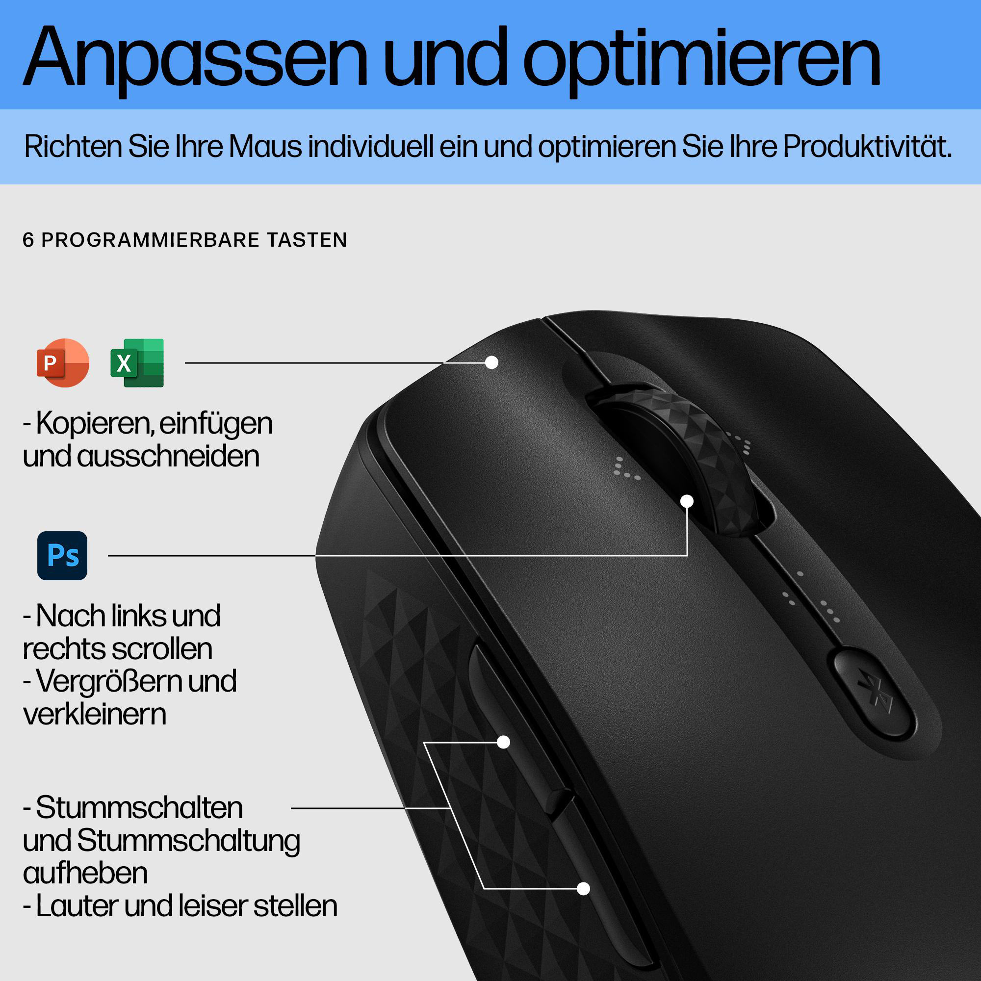 Schwarze Maus mit Scrollrad und Tasten. Text und Symbole zeigen programmierbare Funktionen: Kopieren, Einfügen, Scrollen, Stummschalten.