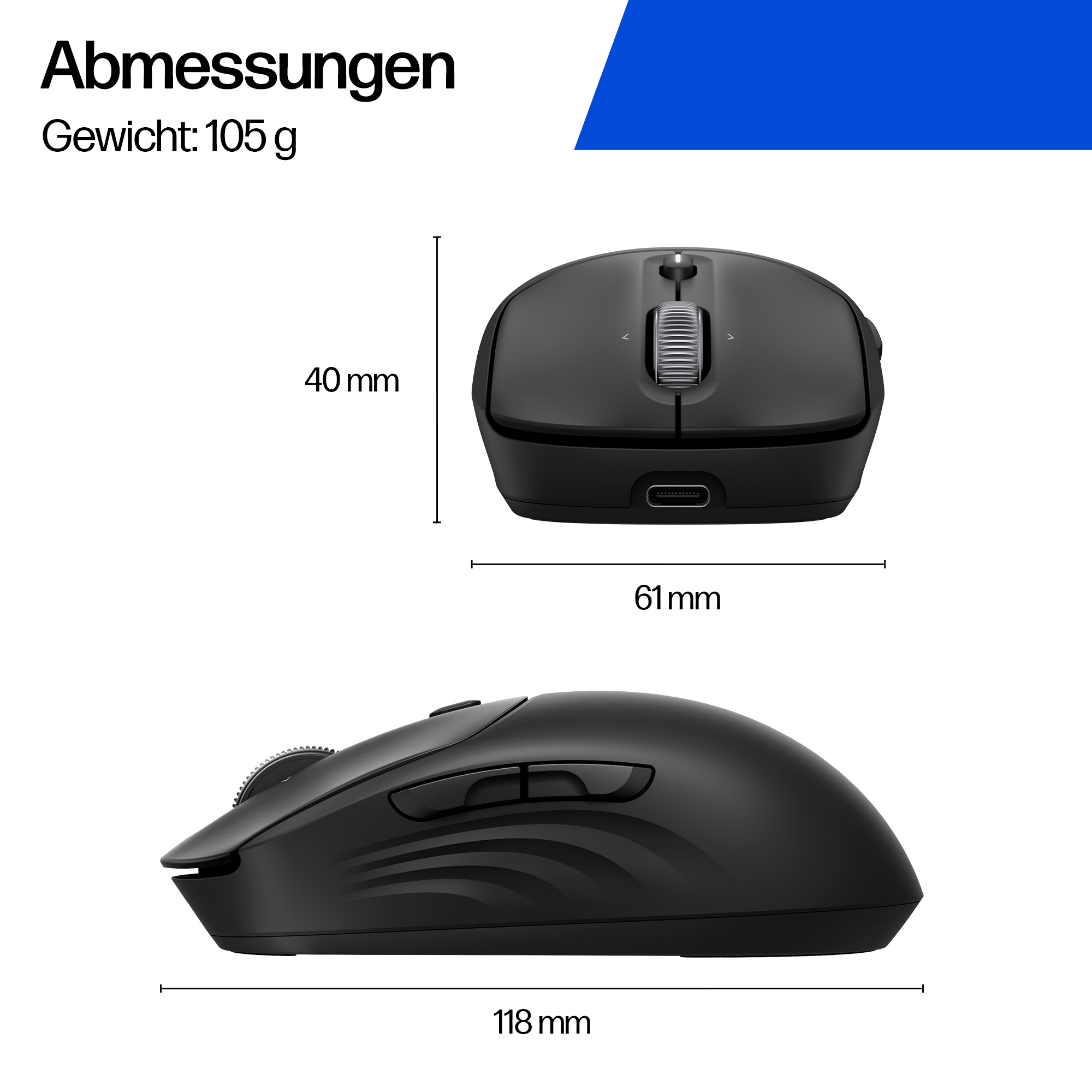 Schwarze Computermaus mit Abmessungen und Gewicht. Draufsicht und Seitenansicht mit Messungen.