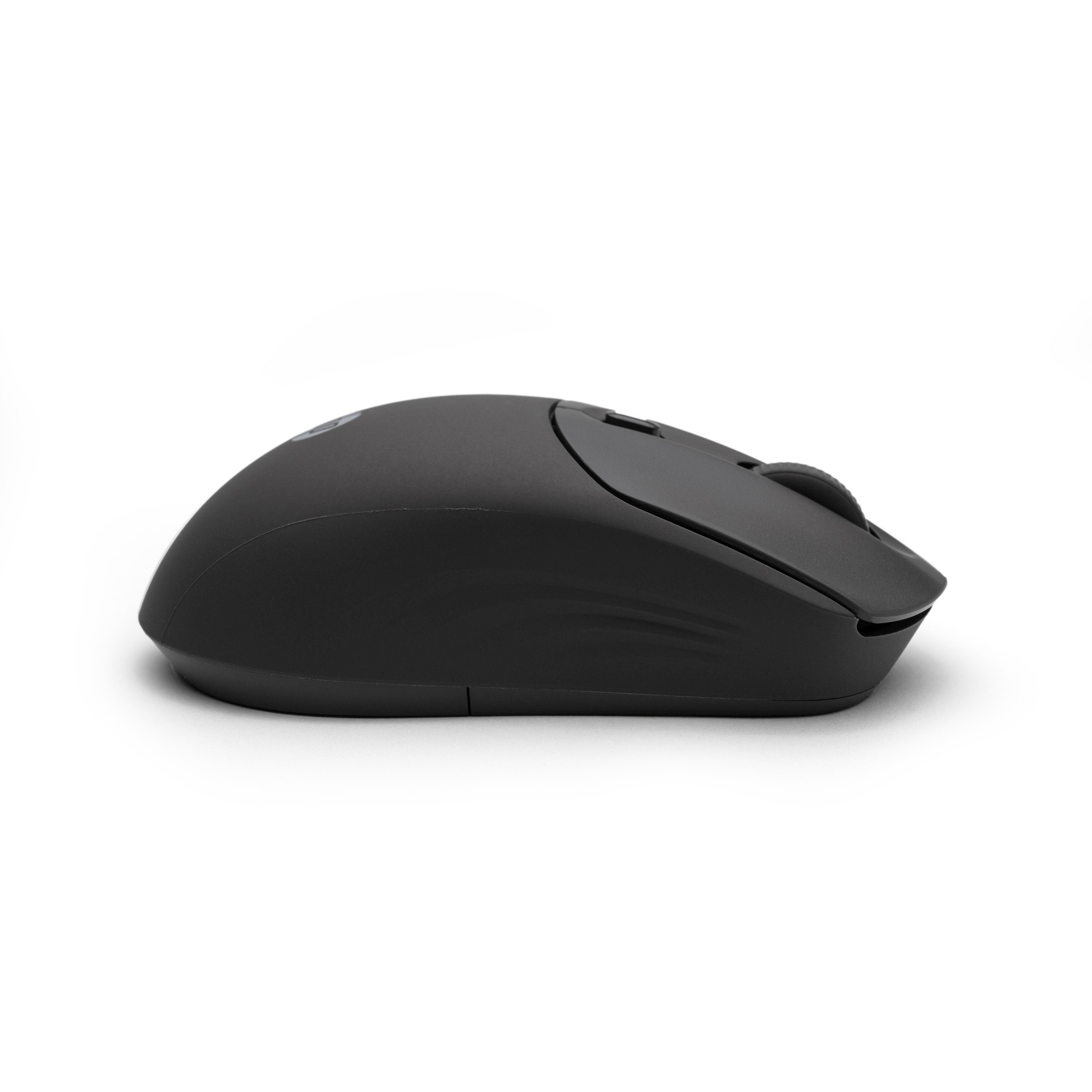 Eine schwarze Computermaus auf weißem Hintergrund. Es hat ein Scrollrad und zwei Tasten.