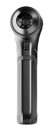 Czarne, przenośne urządzenie z gwiaździstym wzorem na górze. Ma teksturowany uchwyt i przycisk na białym tle.