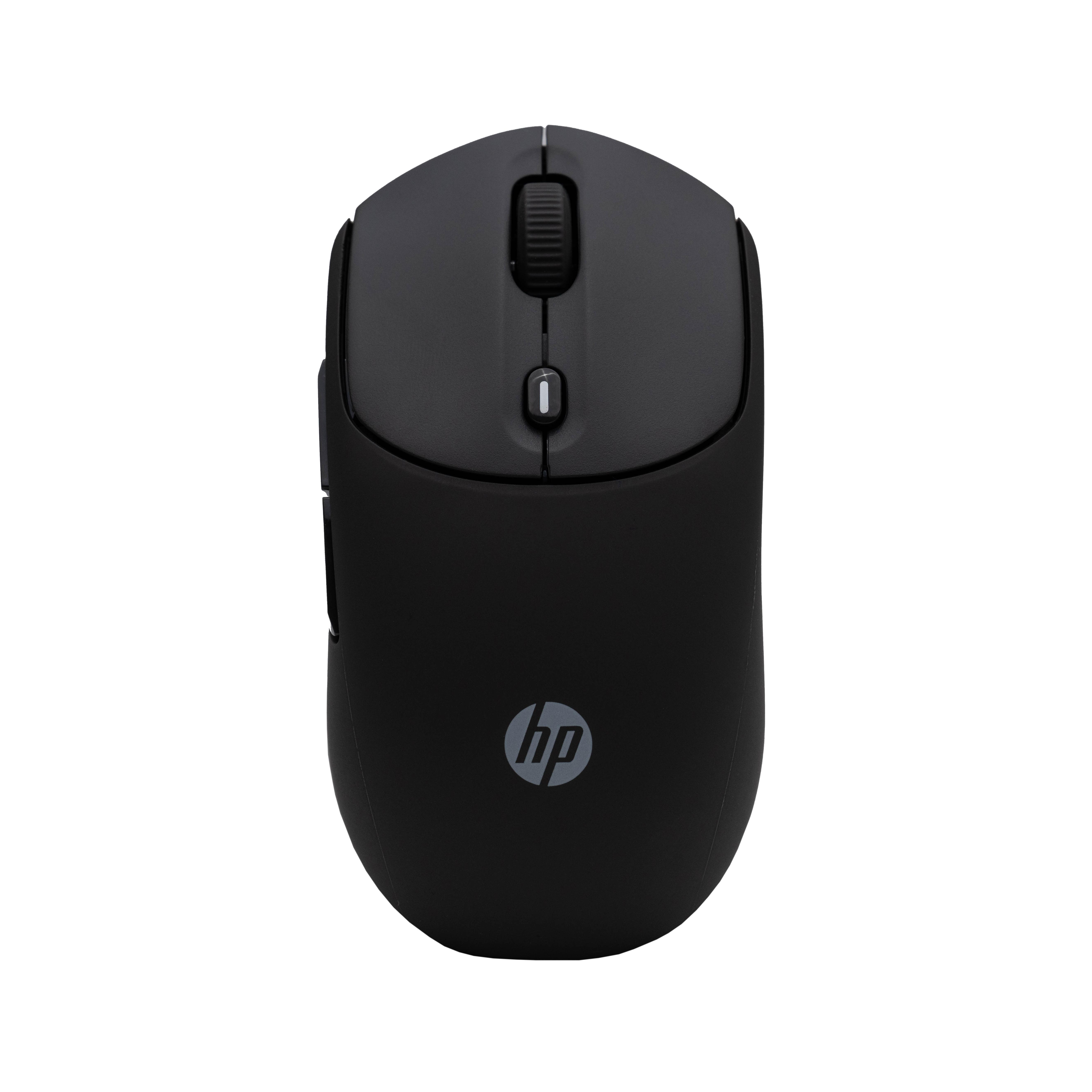 Eine schwarze HP-Maus auf weißem Hintergrund. Es hat ein Scrollrad und das HP-Logo.