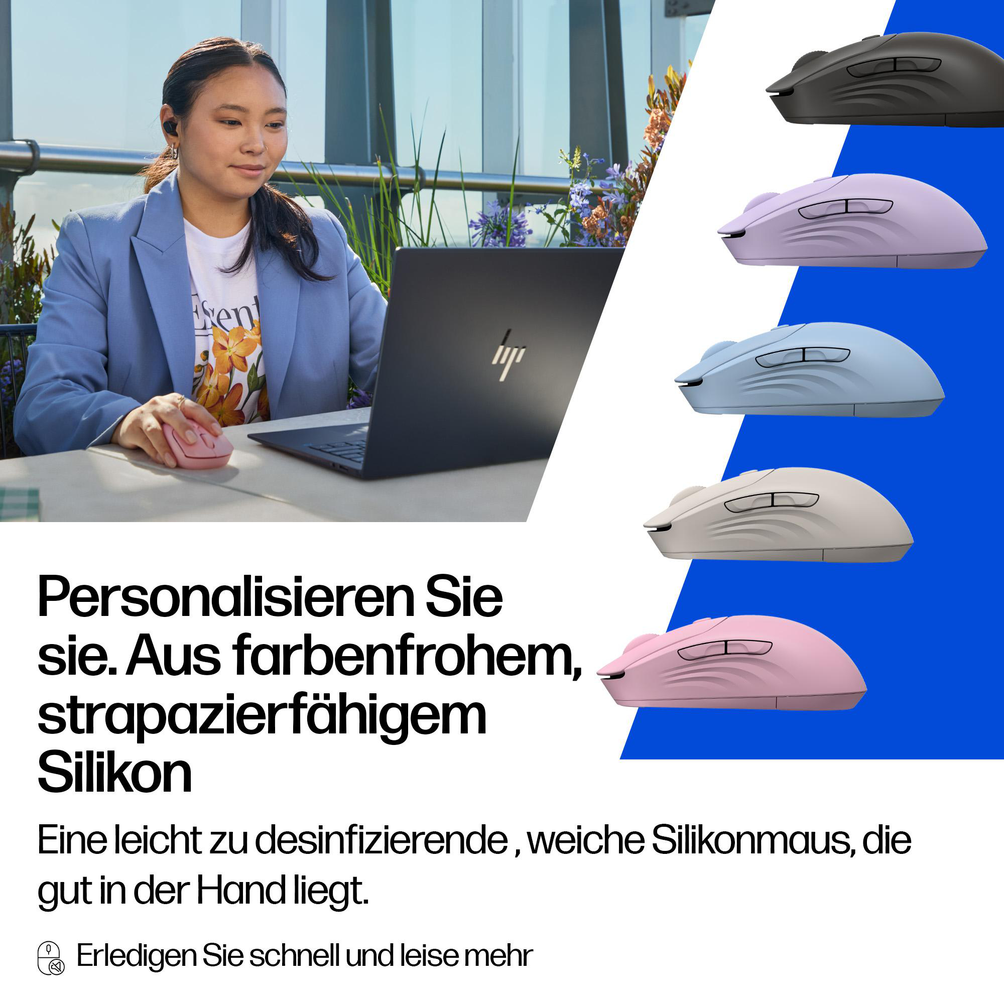Frau mit Laptop und rosa Maus. Mehrfarbige Mäuse. Text: Personalisieren, Silikonmaus, leicht zu desinfizieren.