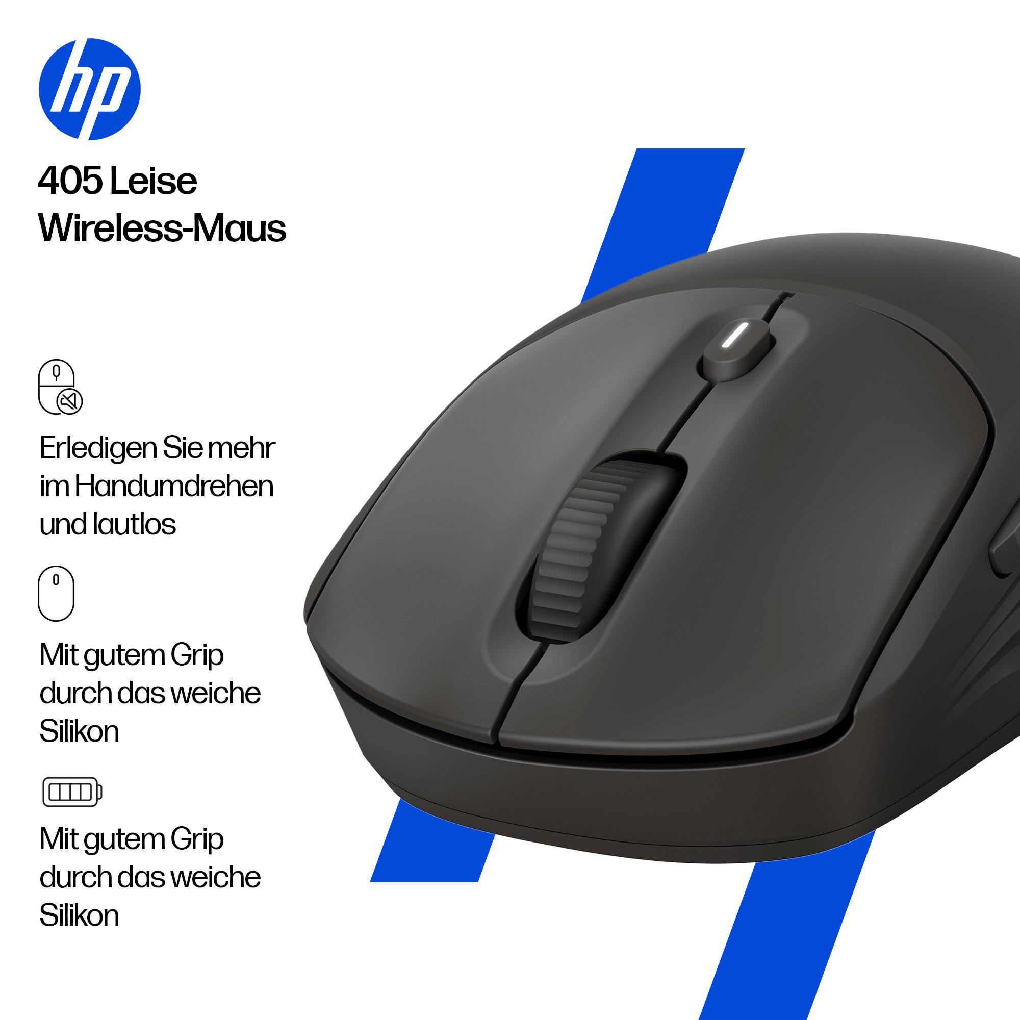 Eine schwarze kabellose HP-Maus mit Scrollrad, Tasten und Logo. Text links, blaue Form rechts.