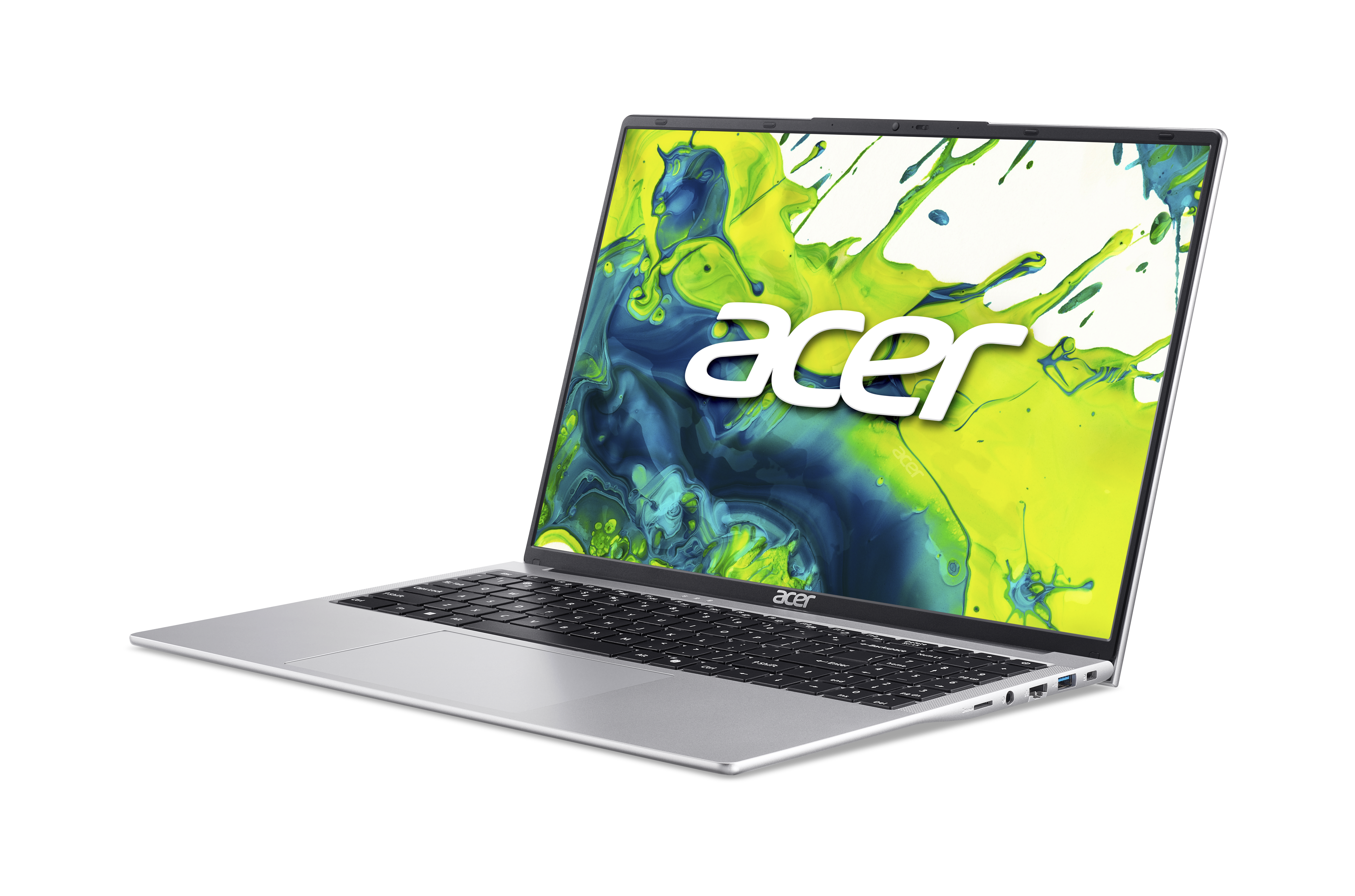 Silberner Acer-Laptop auf schwarzem Hintergrund, Bildschirm mit farbenfrohem abstraktem Design und Acer-Logo.
