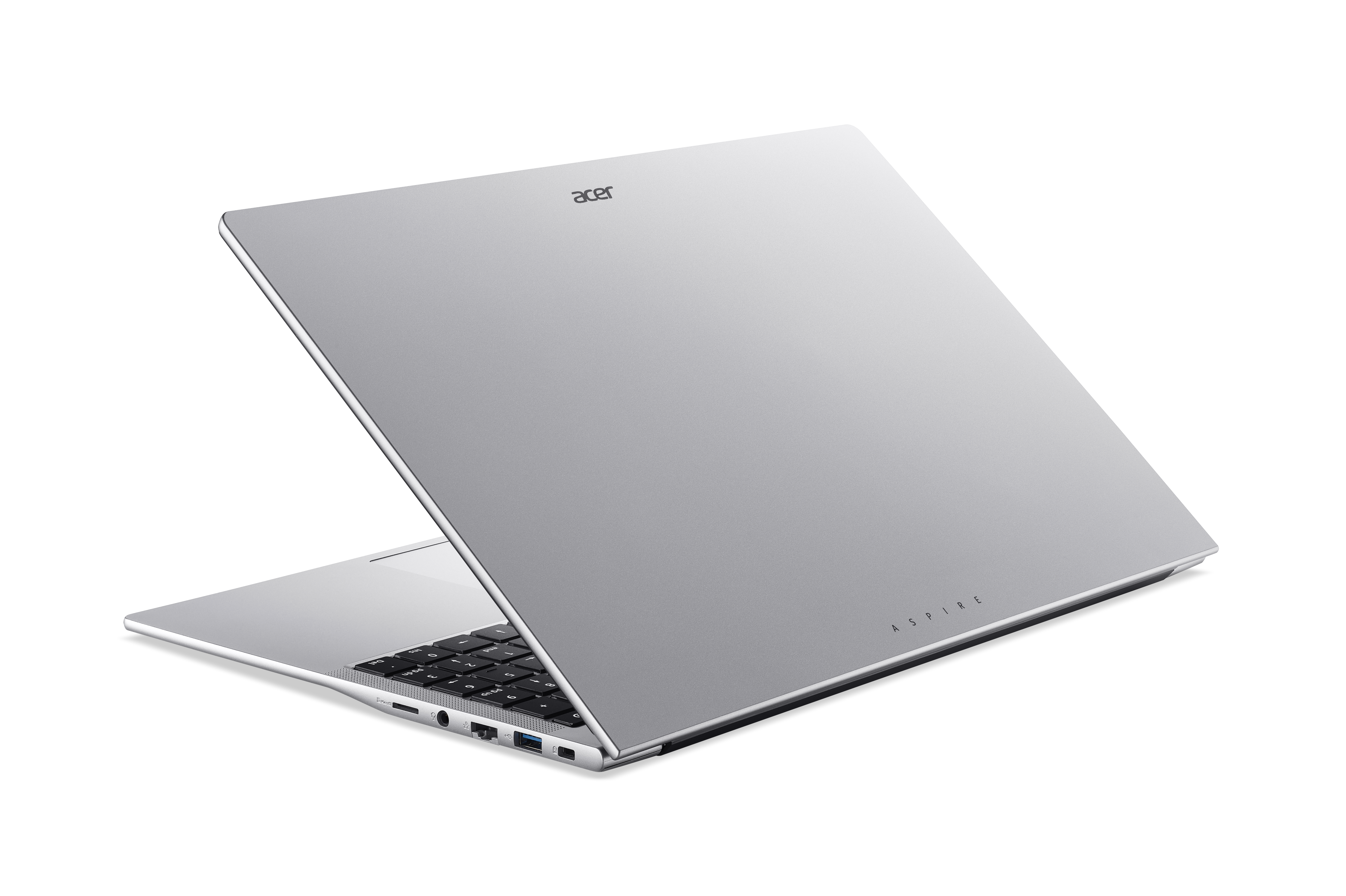 Silberner Laptop, leicht geöffnet, auf schwarzem Hintergrund. Acer-Logo sichtbar, Text 'Aspire' auf dem Deckel.