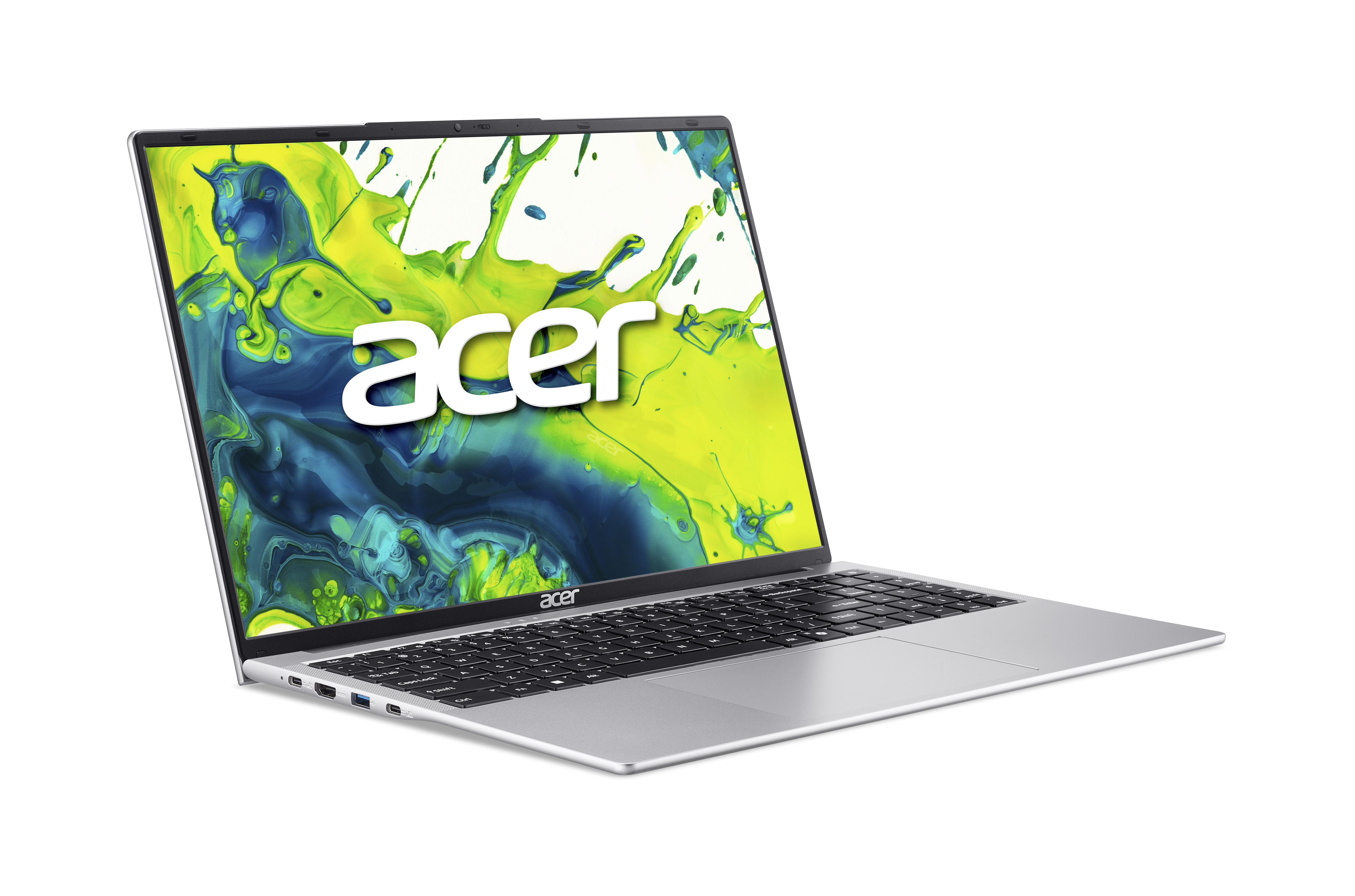 Silberner Acer-Laptop mit farbenfrohem Bildschirm und schwarzer Tastatur, geöffnet auf schwarzem Hintergrund. Acer-Logo sichtbar.