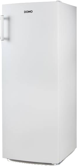 Een witte DOMO vriezer staat rechtop. Het heeft een handgreep aan de linkerkant en een merknaam bovenaan. De achtergrond is zwart.