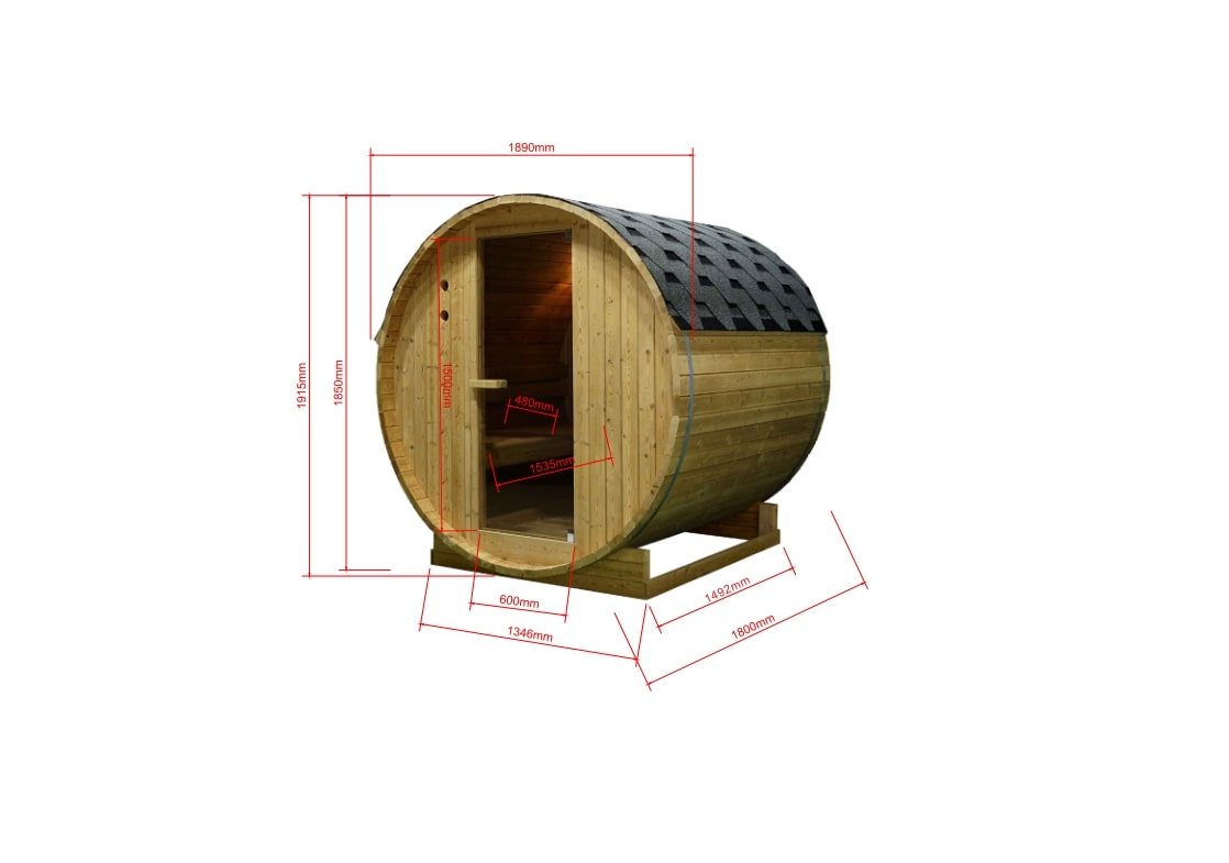 Eine Holzsauna in Fassform mit Schindeldach. Abmessungen sind mit roten Linien gekennzeichnet. Die Tür ist offen und gibt den Innenraum frei.