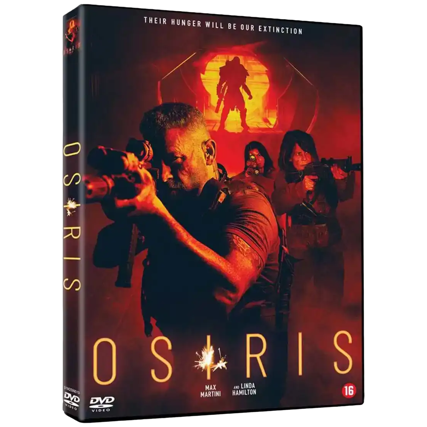 Jaquette DVD pour 'OSIRIS'. Un homme vise avec une arme, d'autres personnages avec des armes en arrière-plan, lueur orange et texte.