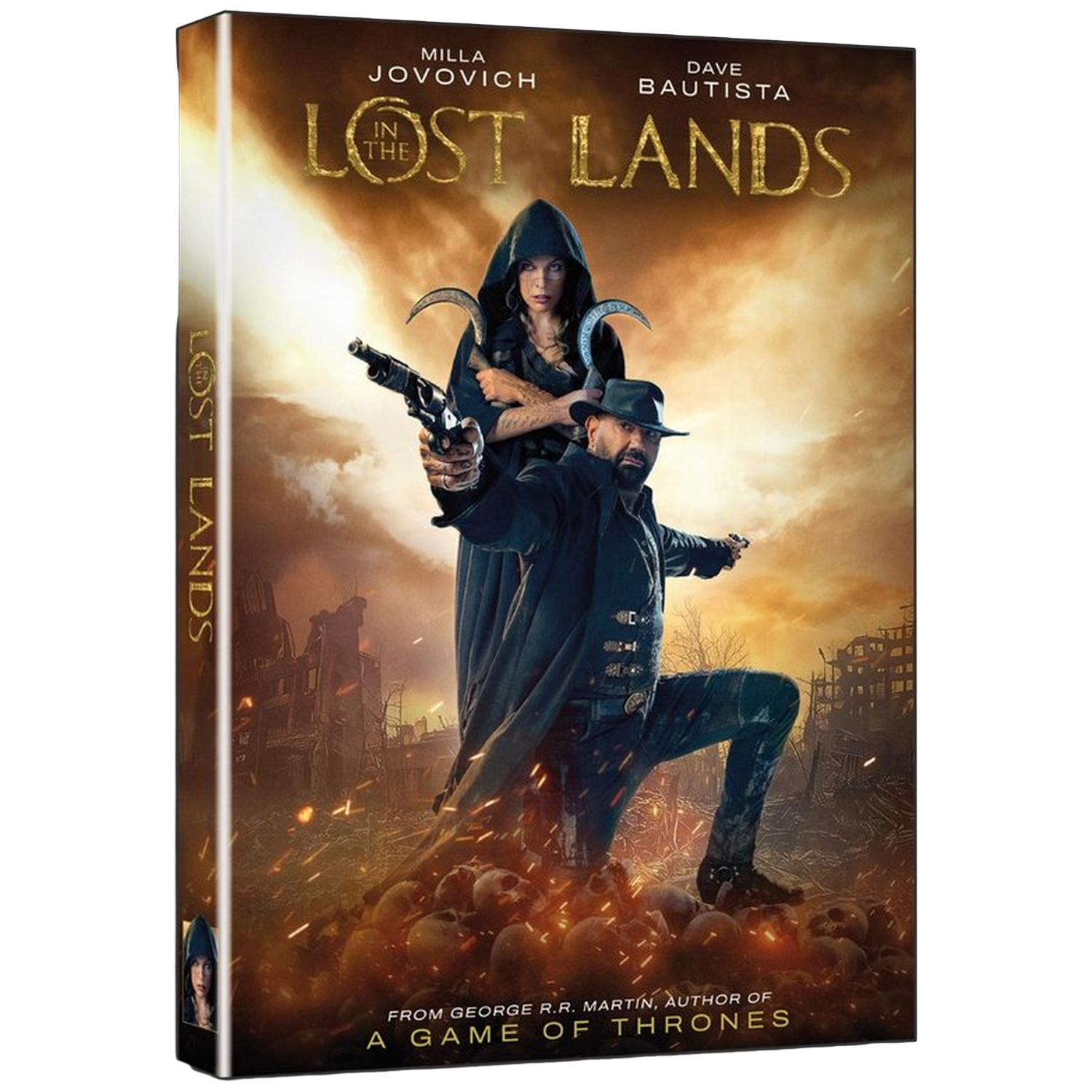 DVD-hoes voor 'In the Lost Lands'. Milla Jovovich en Dave Bautista staan erop. De achtergrond toont een post-apocalyptische scène.