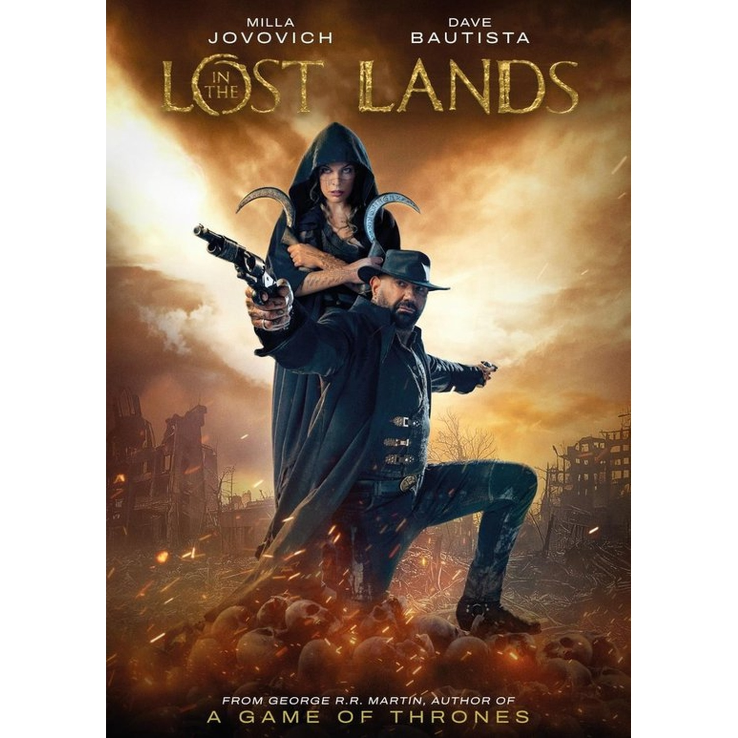 Filmposter met Milla Jovovich en Dave Bautista. Ze staan voor een verwoeste stad en houden wapens vast. De titel is 'In the Lost Lands'.