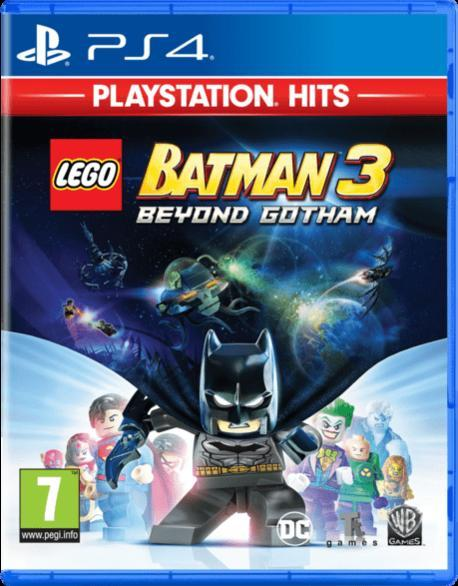 Okładka gry Lego Batman 3: Beyond Gotham. Postać Batmana z przodu, z innymi postaciami Lego. Niebieskie pudełko z logo PS4.