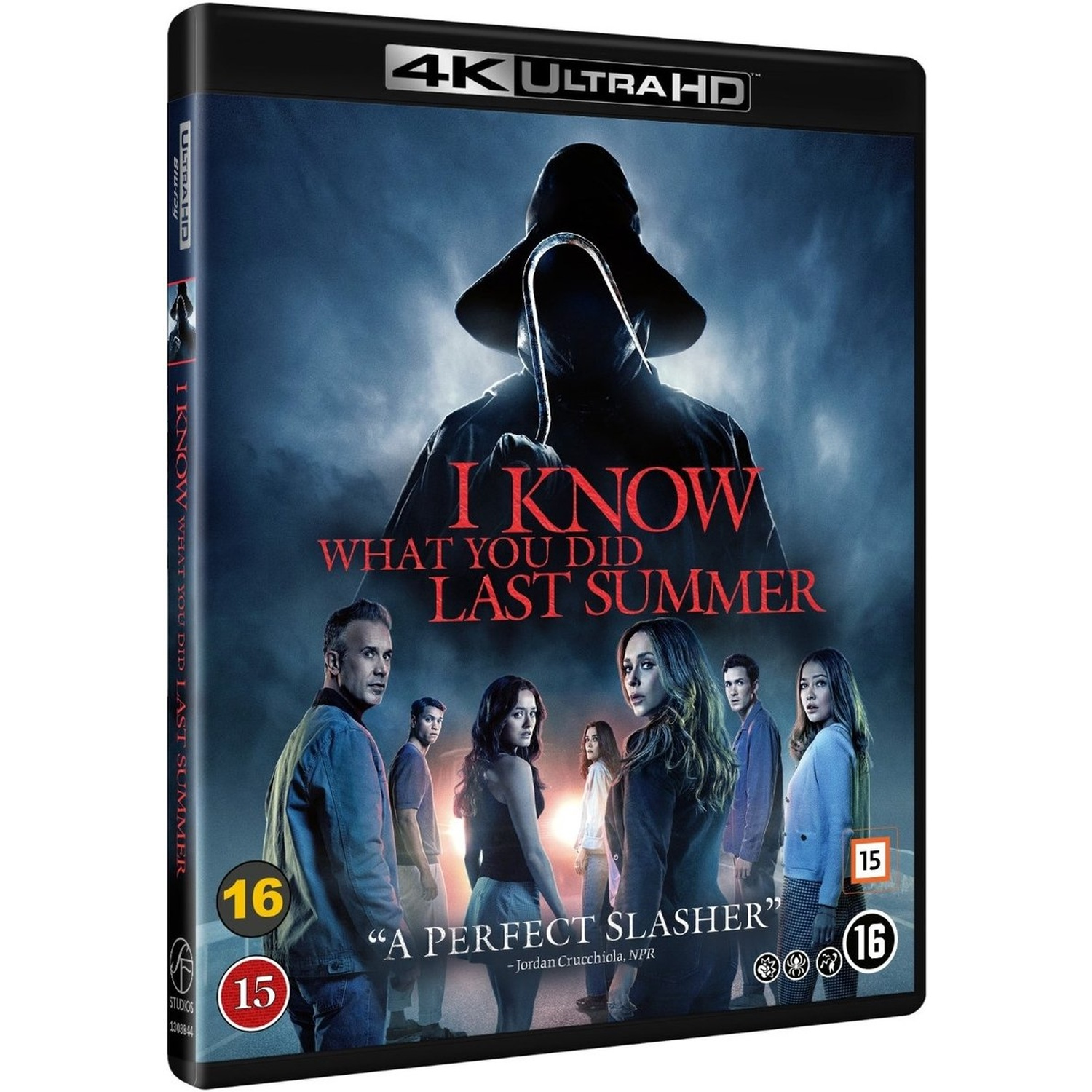 DVD cover for "I Know What You Did Last Summer." A hooded figure with a hook looms over a group of people. Text reads "A Perfect Slasher."