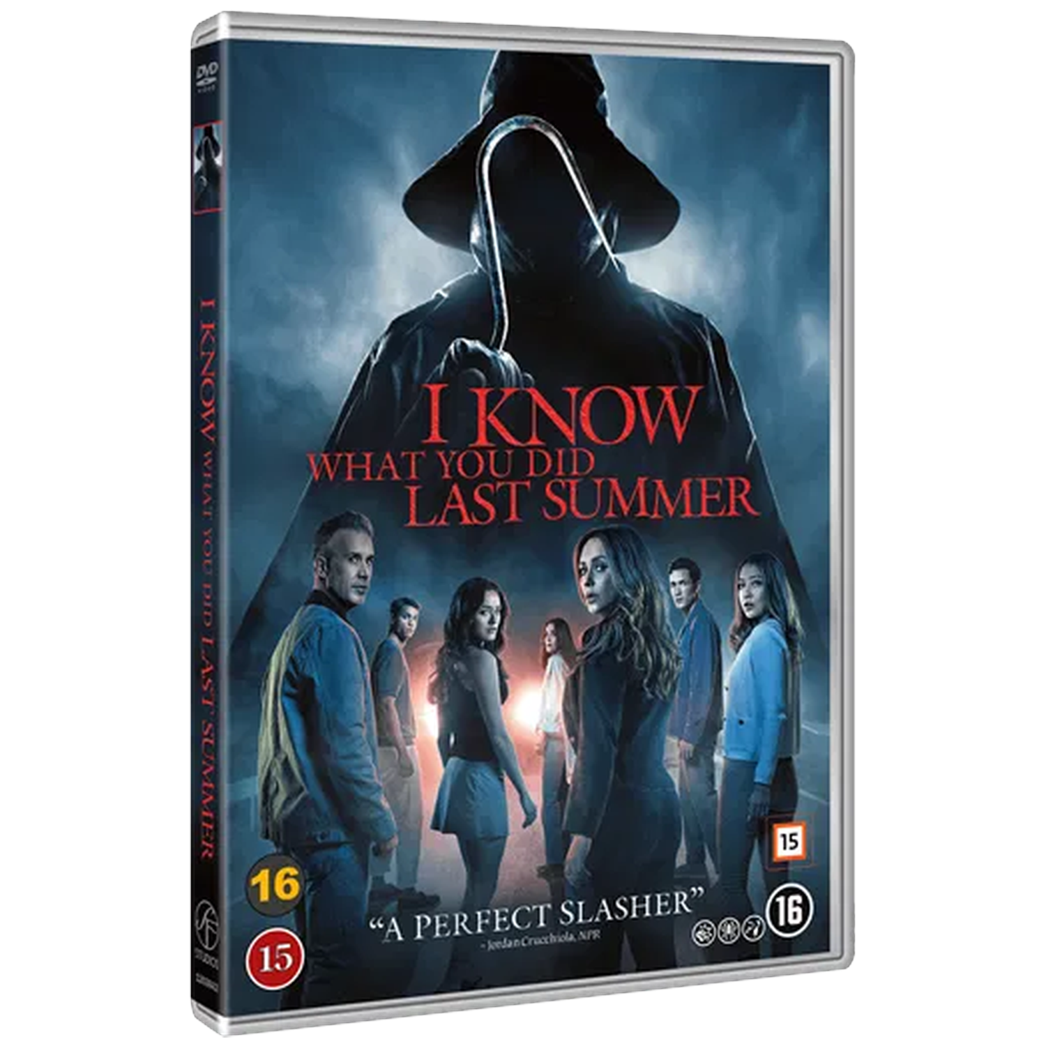 DVD-hoes voor 'I Know What You Did Last Summer'. Toont een schimmige figuur met een haak, een groep mensen en tekst.
