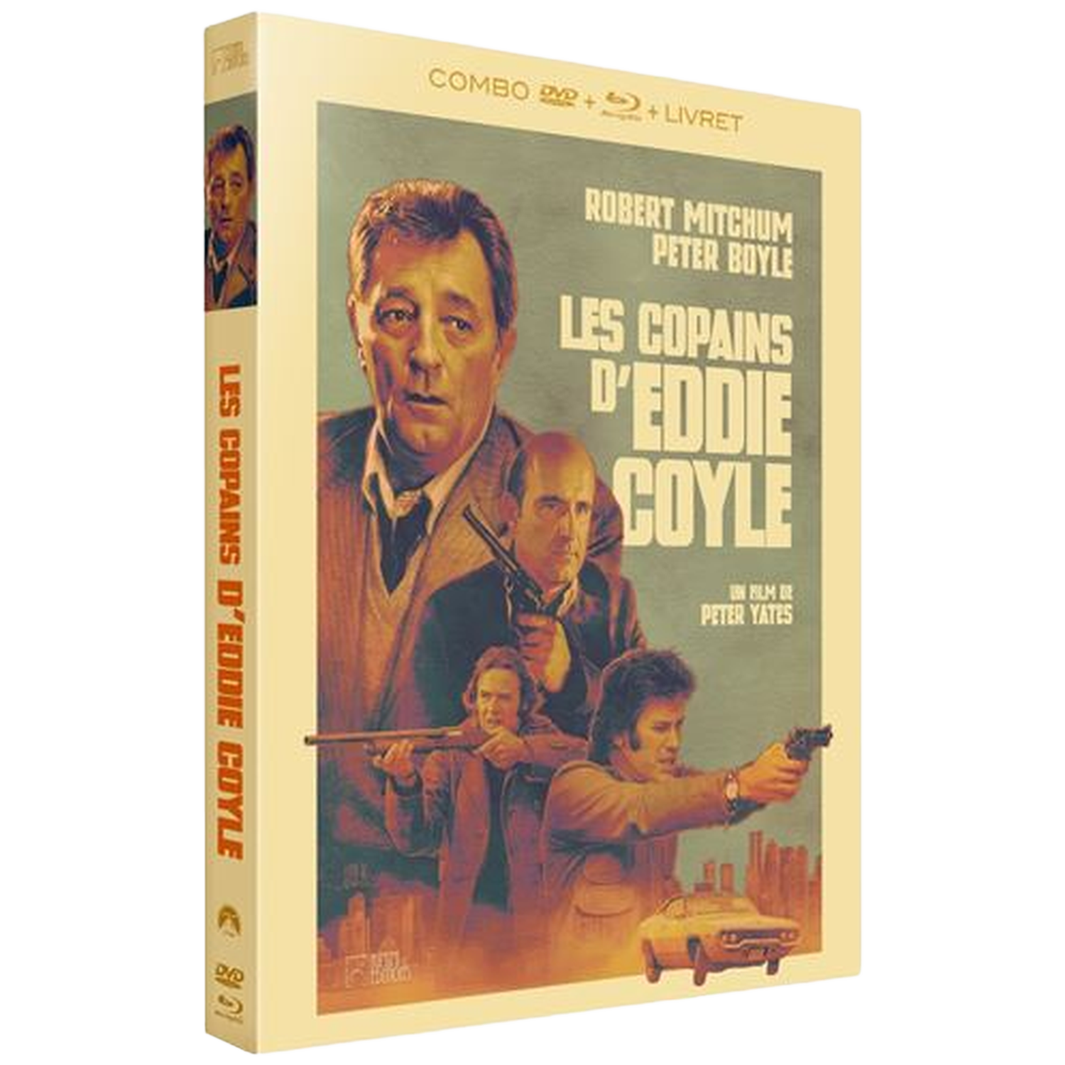 DVD-hoes voor 'Les Copains d'Eddie Coyle' met Robert Mitchum. Mannen richten geweren, auto op de achtergrond.