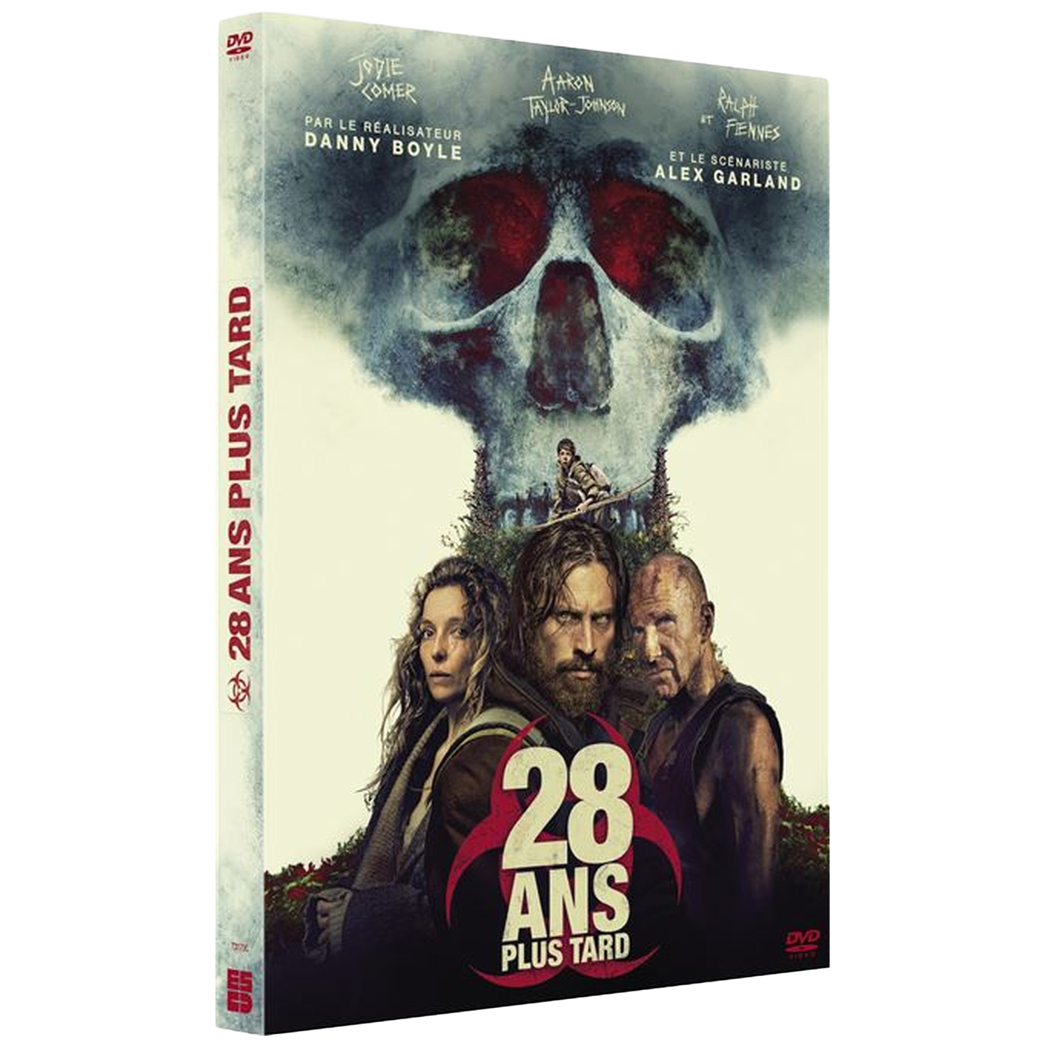Pochette DVD de "28 Ans Plus Tard". Présente des acteurs et un graphisme de crâne. Le titre est mis en évidence, avec les noms du réalisateur et du scénariste.