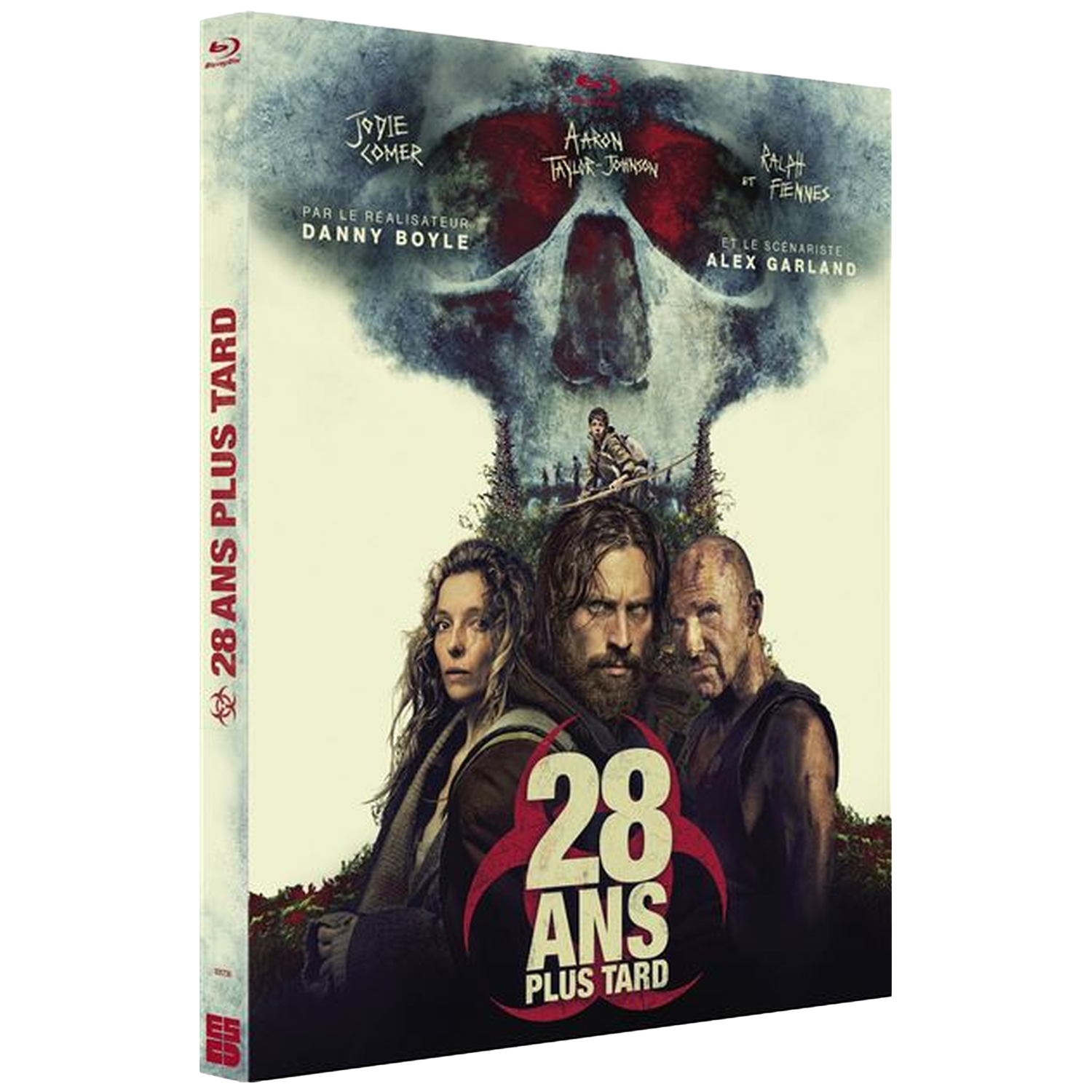 Couverture du film "28 Years Later" avec acteurs, imagerie de crâne et titre. Couleurs atténuées, symbole rouge de danger biologique proéminent.