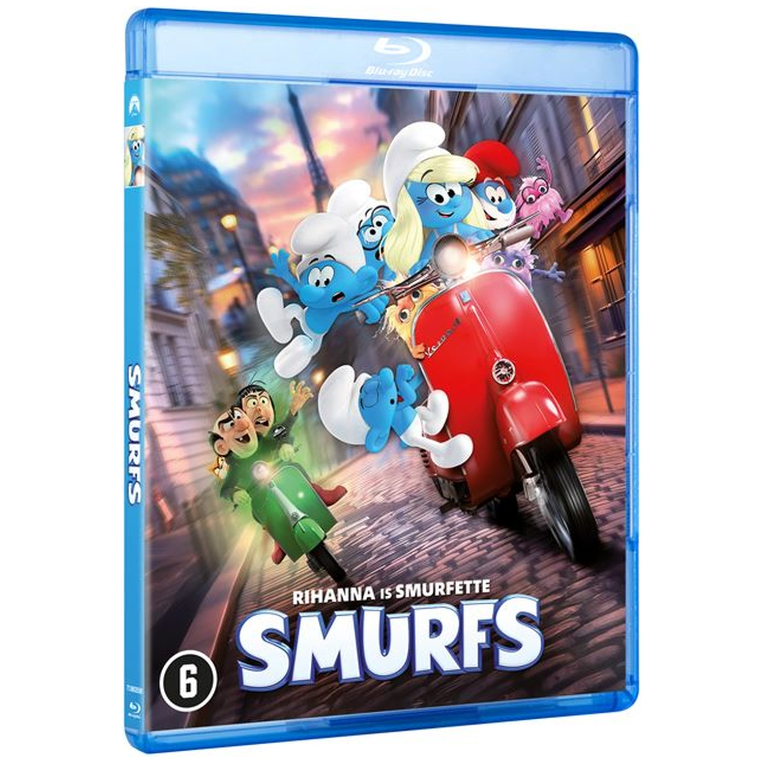 Couverture Blu-ray des Schtroumpfs. Schtroumpfs sur scooter rouge, autres sur scooter vert. Fond de Paris. Titre : Les Schtroumpfs.