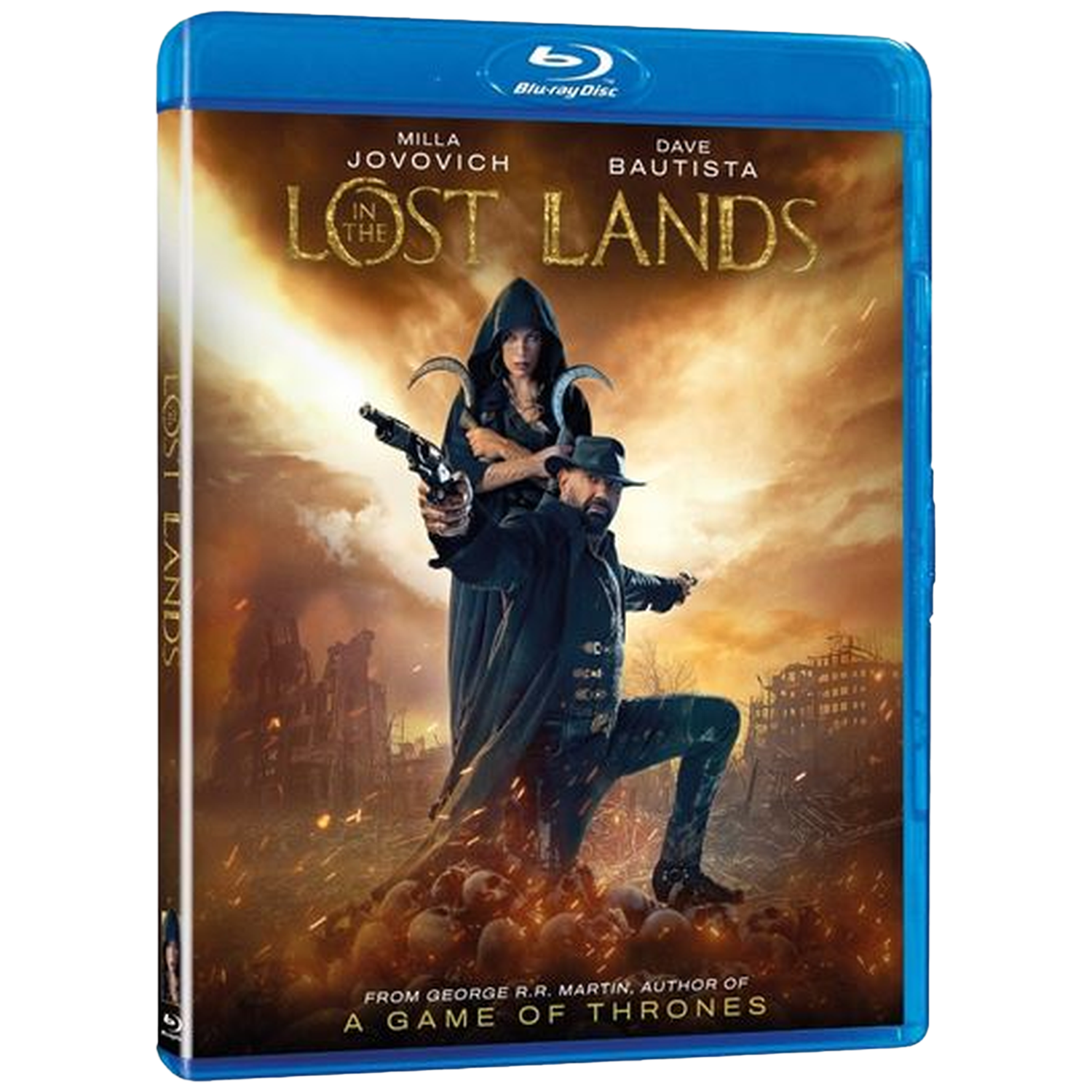 Couverture Blu-ray avec Milla Jovovich et Dave Bautista. Titre : In The Lost Lands. Le fond montre une scène de bataille et des crânes.