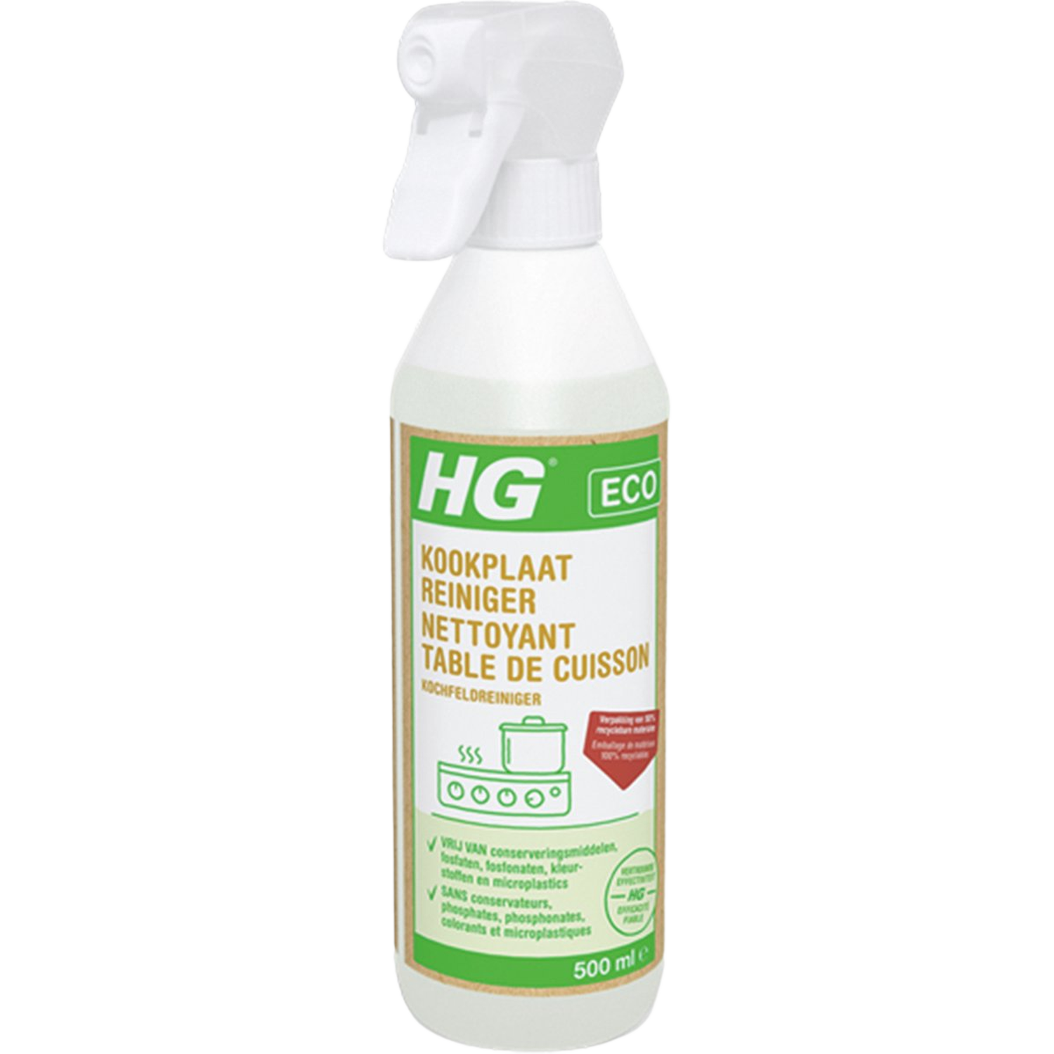 Une bouteille blanche de HG Kookplaat Reiniger. L'étiquette comprend du texte en plusieurs langues, avec une palette de couleurs verte et blanche. La bouteille a un pulvérisateur.