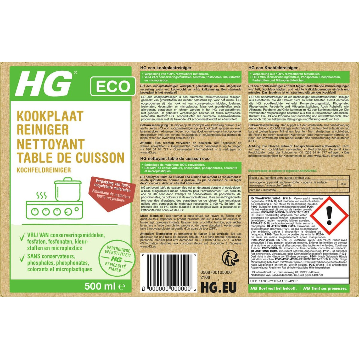 Bouteille verte et blanche de nettoyant pour cuisinière écologique HG avec texte et avertissements.