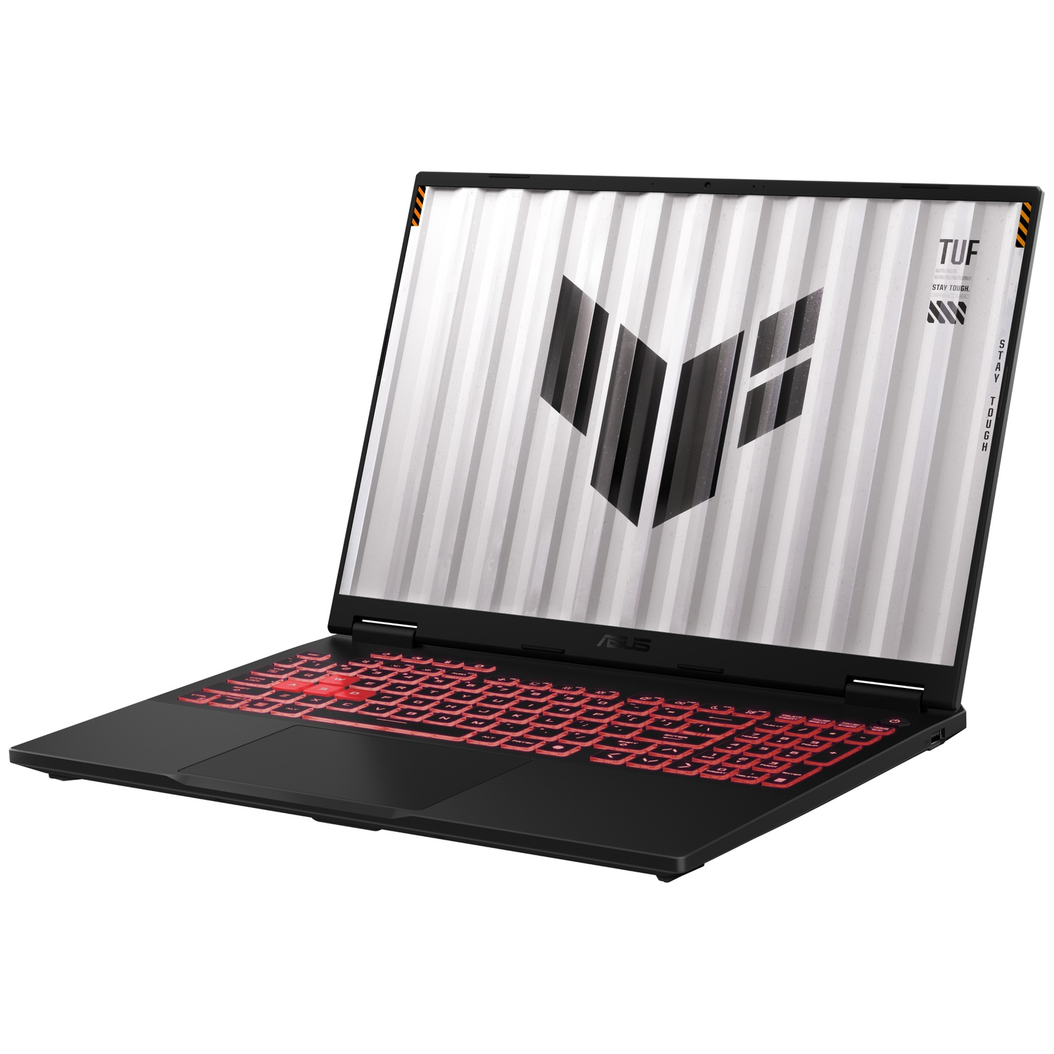 Ordinateur portable noir avec clavier rétro-éclairé rouge, ouvert, affichant un écran blanc avec logo et texte. Marque ASUS visible.