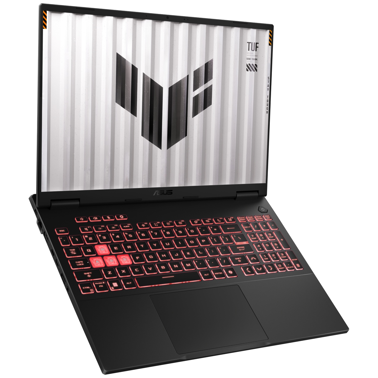 Ordinateur portable Asus noir avec clavier rouge éclairé. L'écran affiche un design blanc et gris avec le mot TUF.