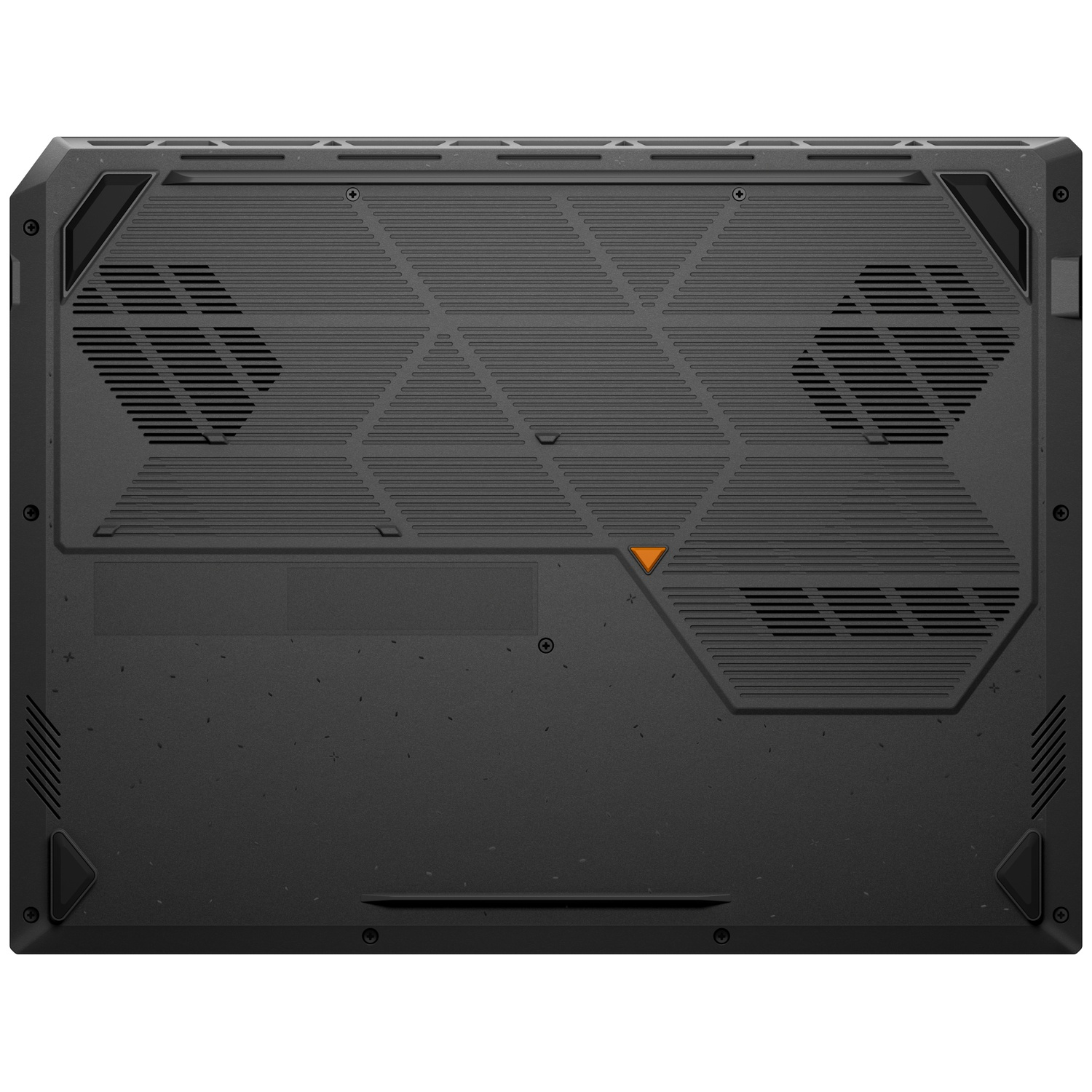 Le dessous d'un ordinateur portable noir. Il comporte des ouvertures, des vis et un design triangulaire, avec un accent orange.