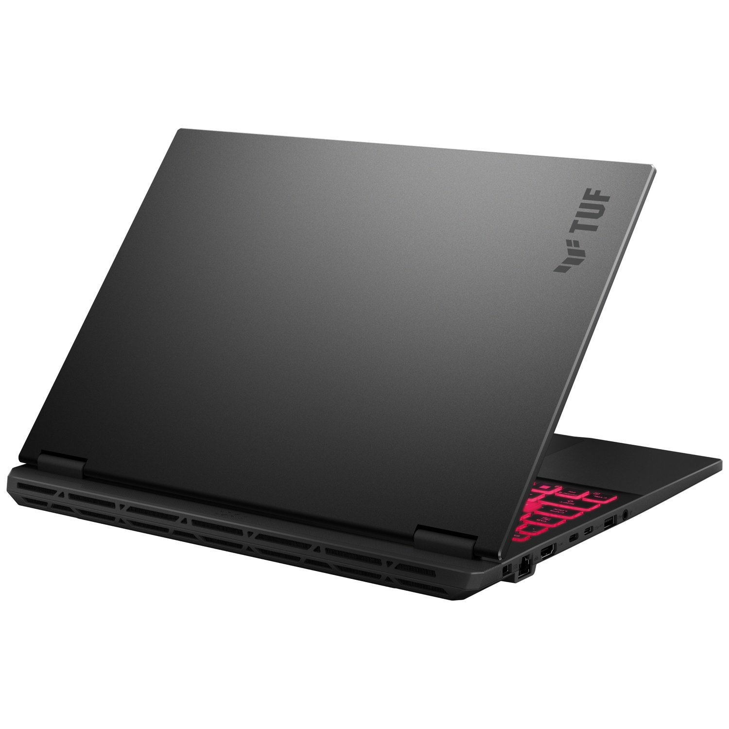 Ordinateur portable noir, partiellement ouvert. Le clavier a des touches rétroéclairées rouges. Le logo TUF est sur le couvercle. Fond blanc.