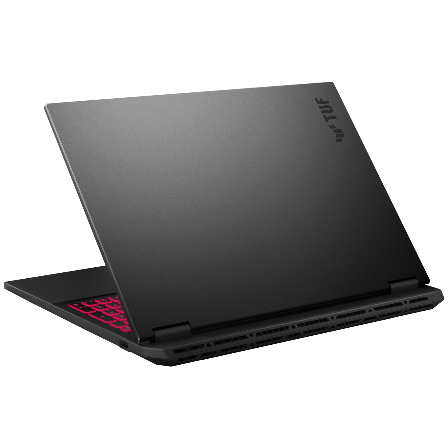 Ordinateur portable noir avec le couvercle ouvert, révélant un clavier rétroéclairé rouge. L'ordinateur est sur une surface blanche avec le logo 'TUF'.