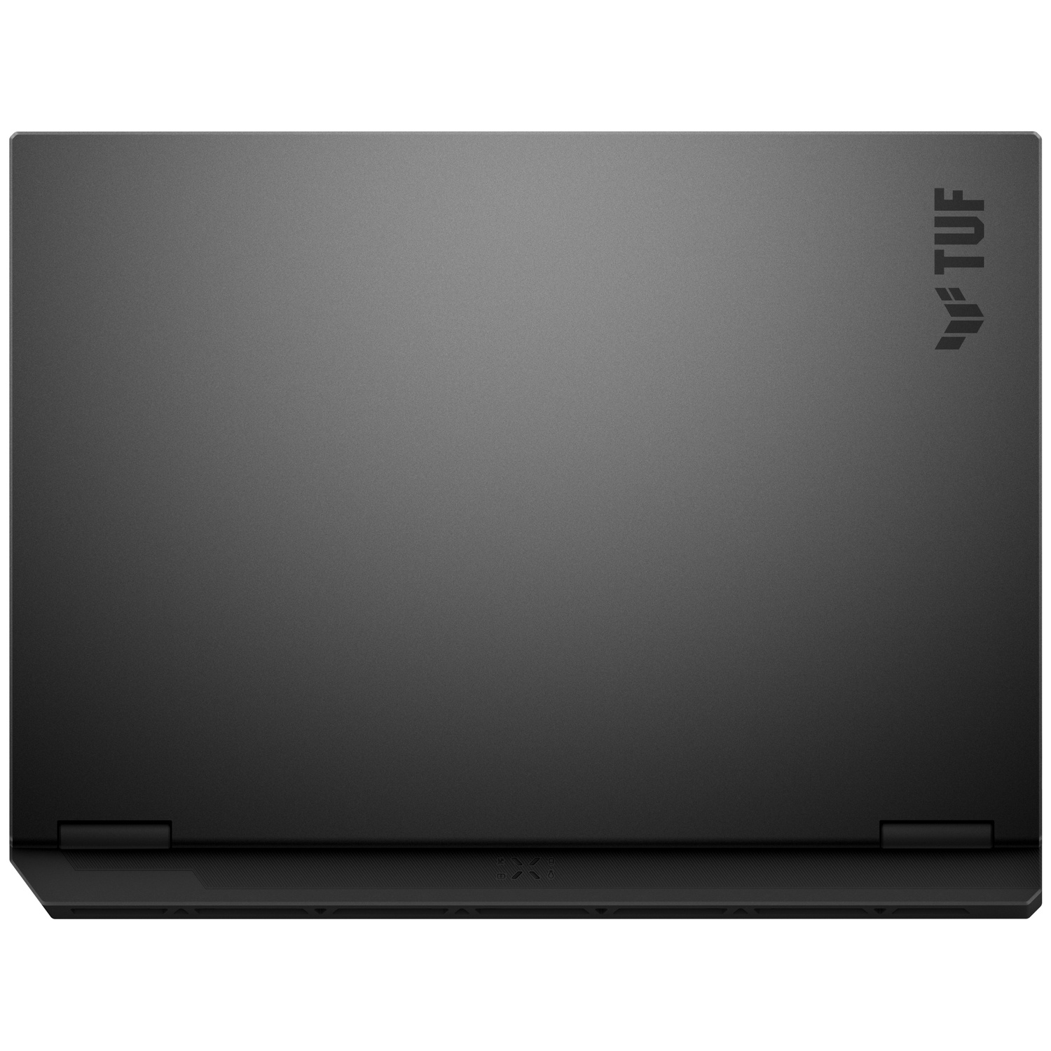 Vue de dessus d'un ordinateur portable noir. Le mot 'TUF' est en haut à droite. Le bas a une charnière.