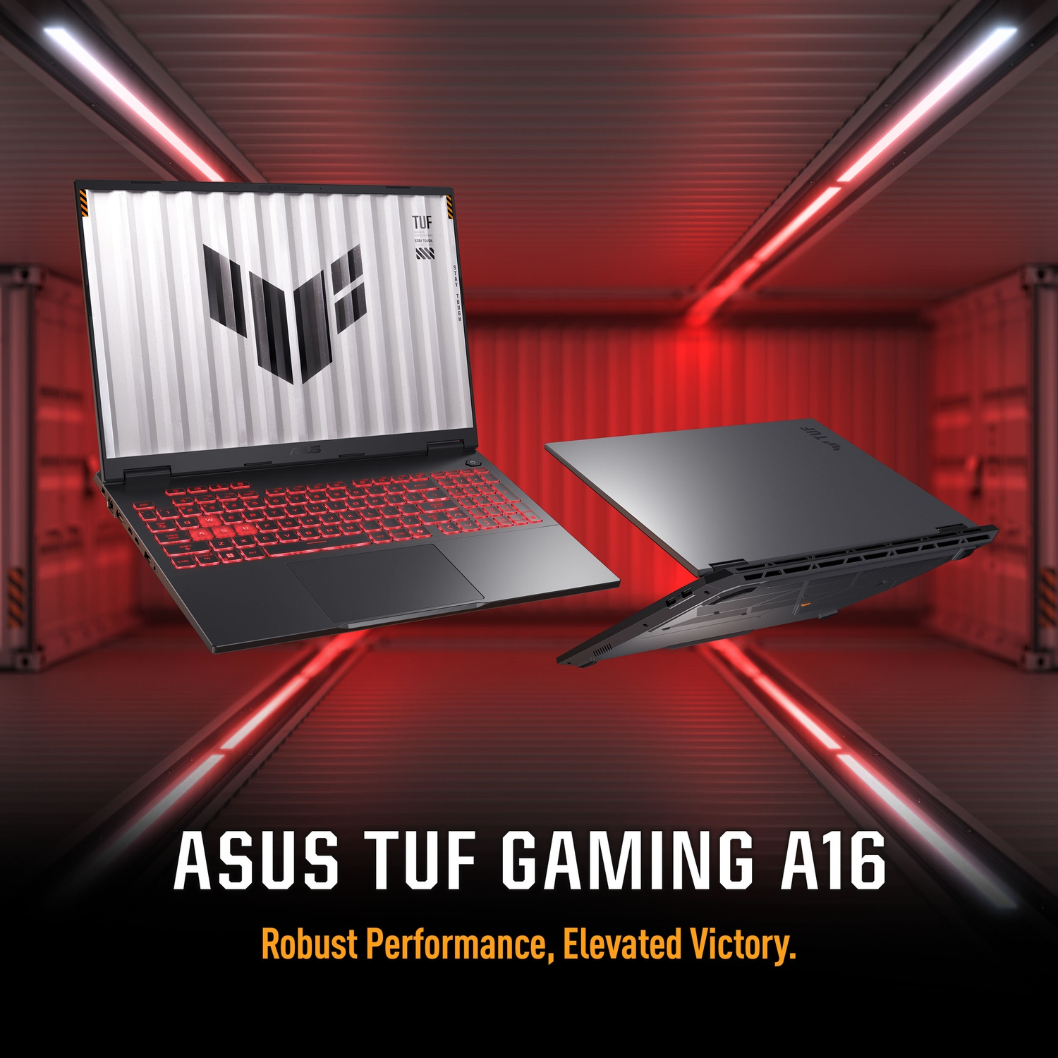 Deux ordinateurs portables ASUS TUF Gaming A16. Un ouvert, montrant clavier et logo. Rétroéclairage rouge. Design noir et gris. Fond rouge.