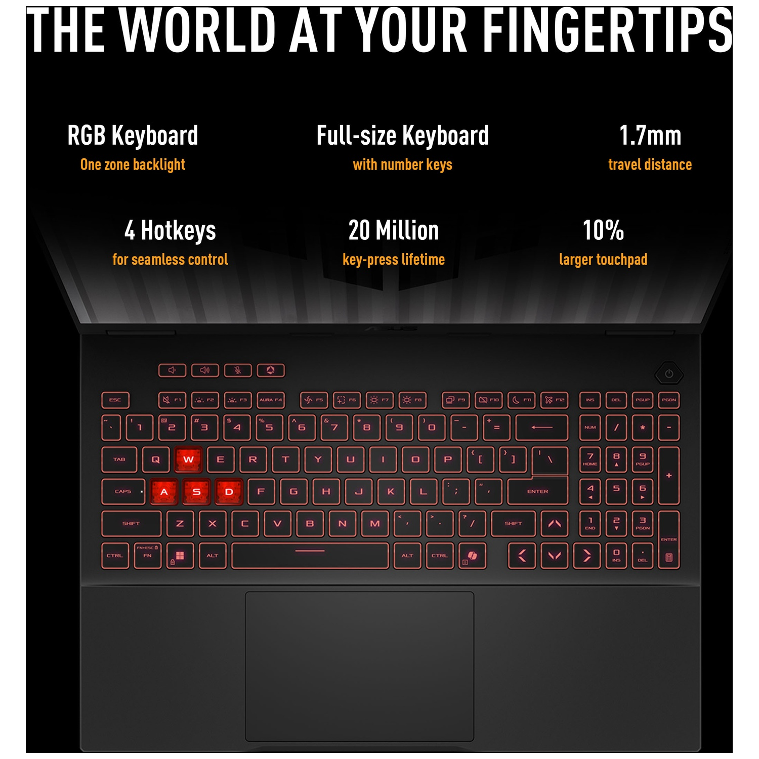 Clavier d'ordinateur portable avec rétroéclairage rouge. Comprend des touches de fonction, numériques et un pavé tactile plus grand.