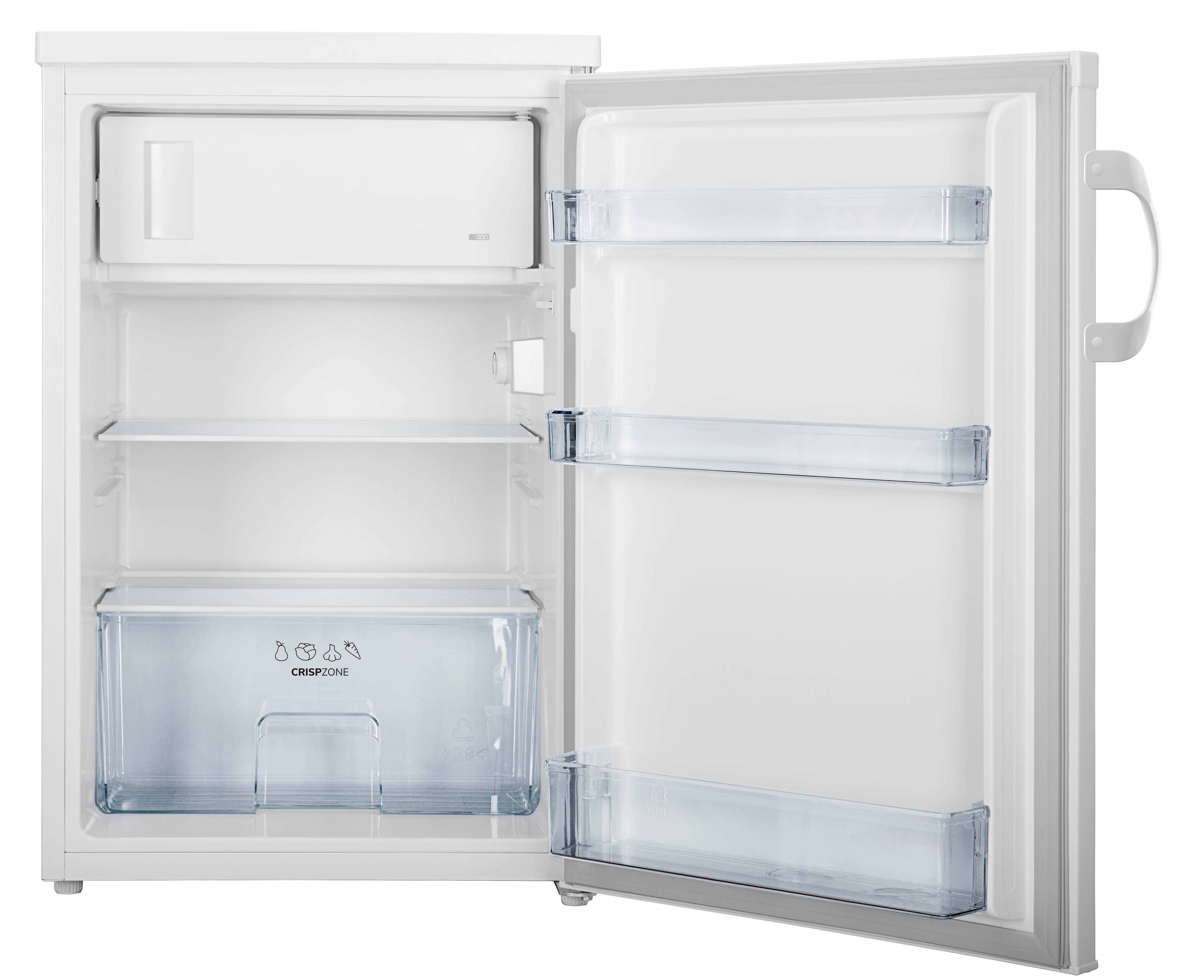 Offener weißer Mini-Kühlschrank. Innenraum mit Regalen und einer Gemüseschublade. Tür hat Regale. Griff rechts.