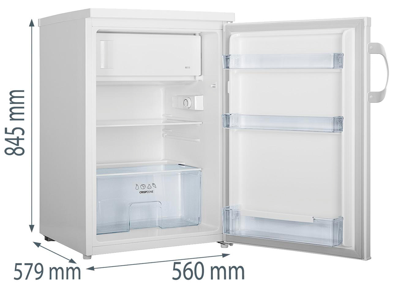 Ein weißer Kühlschrank mit offener Tür, der Regale und ein Crisper zeigt. Abmessungen: 845 mm hoch, 579 mm breit und 560 mm tief.