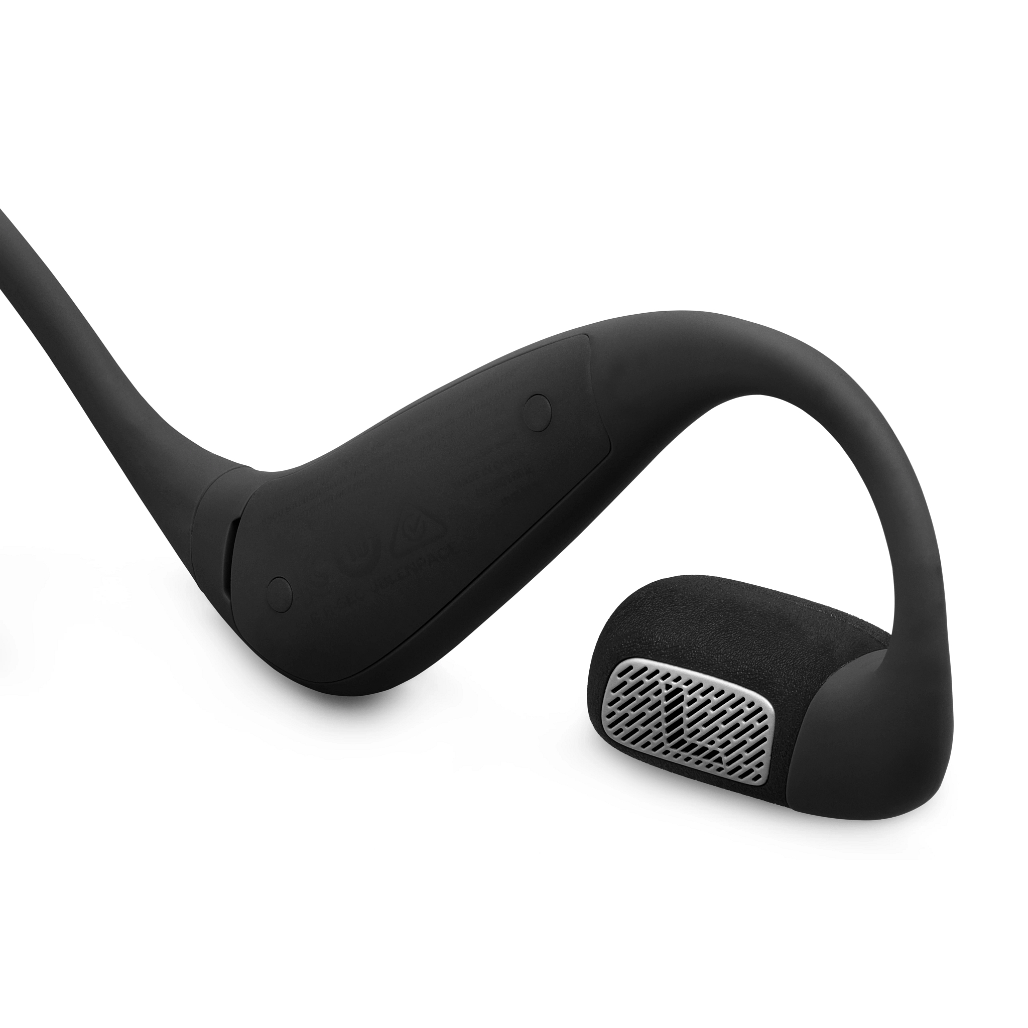 Schwarze Knochenschallkopfhörer. Das Design umfasst ein gebogenes Band und einen Lautsprecher mit Metallgitter.