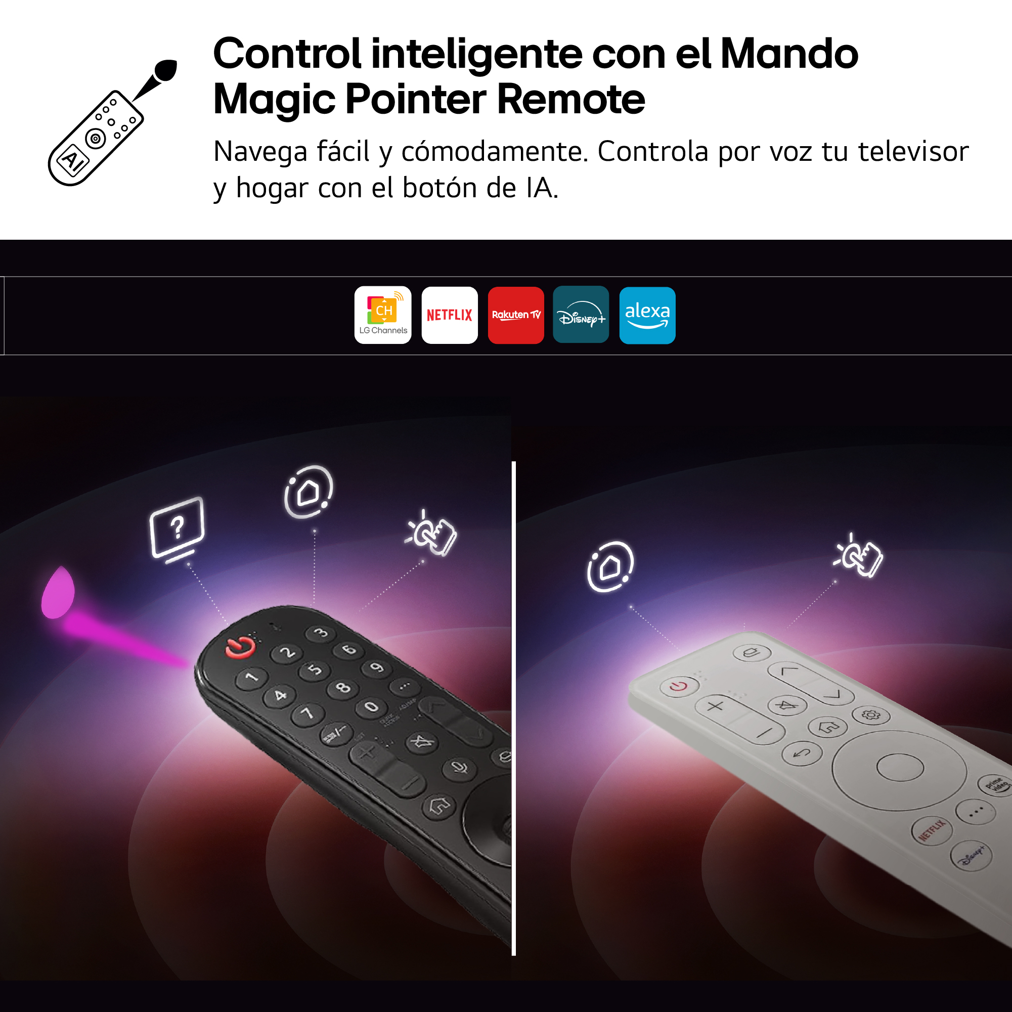Control inteligente con el mando a distancia. Navega fácil y cómodamente. Controla por voz tu televisor y hogar con el botón de IA.
