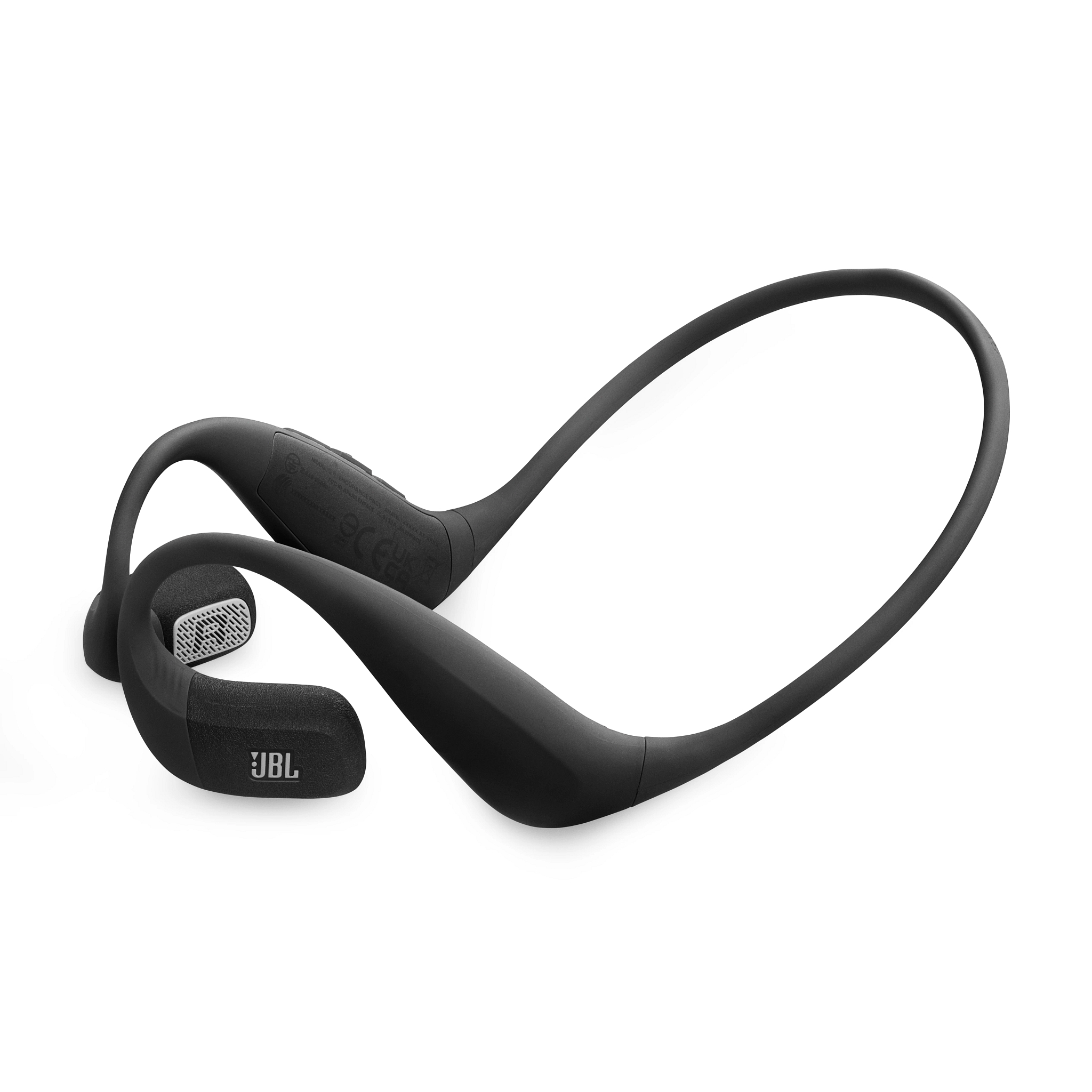 Schwarze JBL-Knochenschallkopfhörer auf Weiß. Die Kopfhörer haben ein Nackenband und Ohrteile.