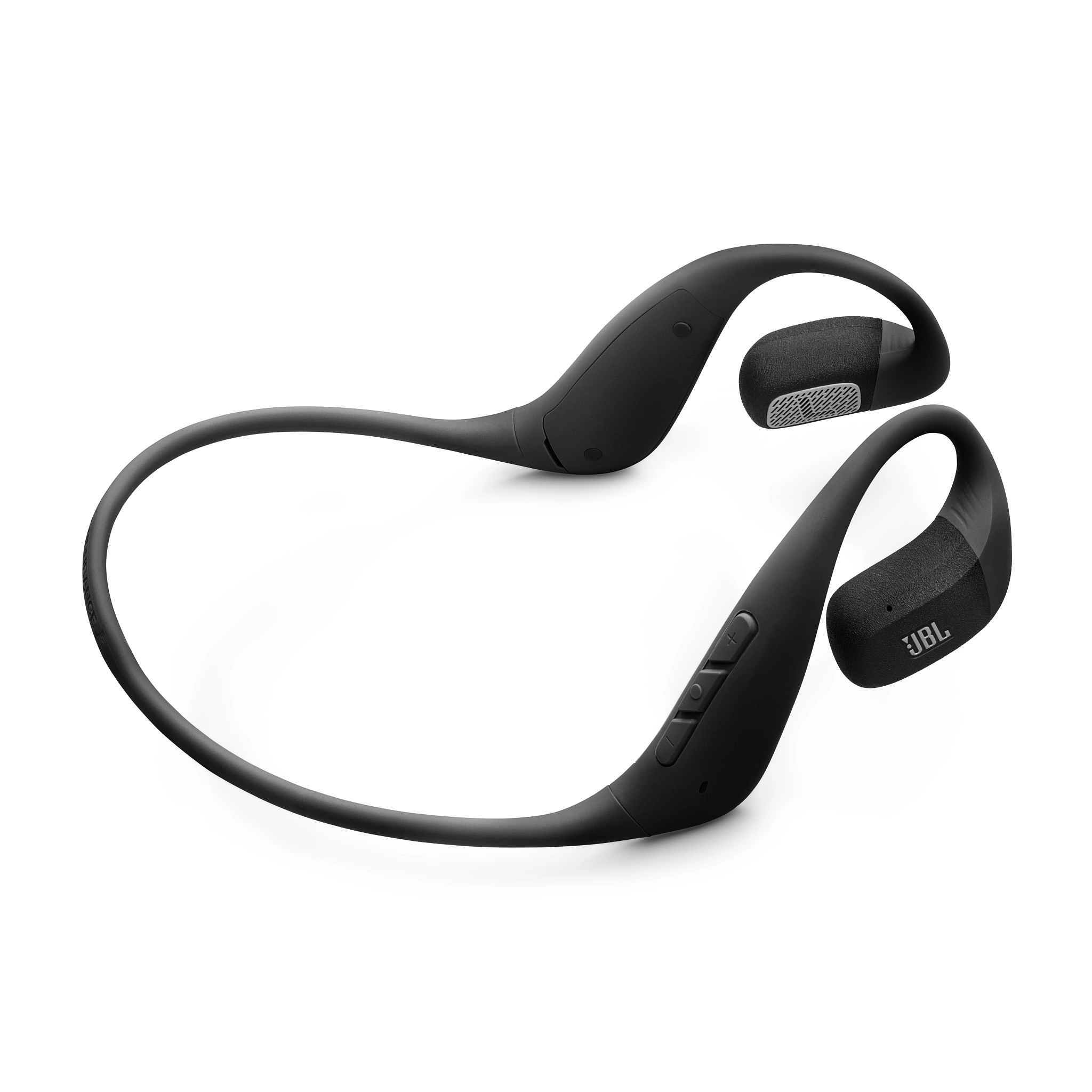 Schwarze JBL-Knochenschallkopfhörer auf Weiß. Die Kopfhörer umschließen den Kopf und haben Ohrstücke.