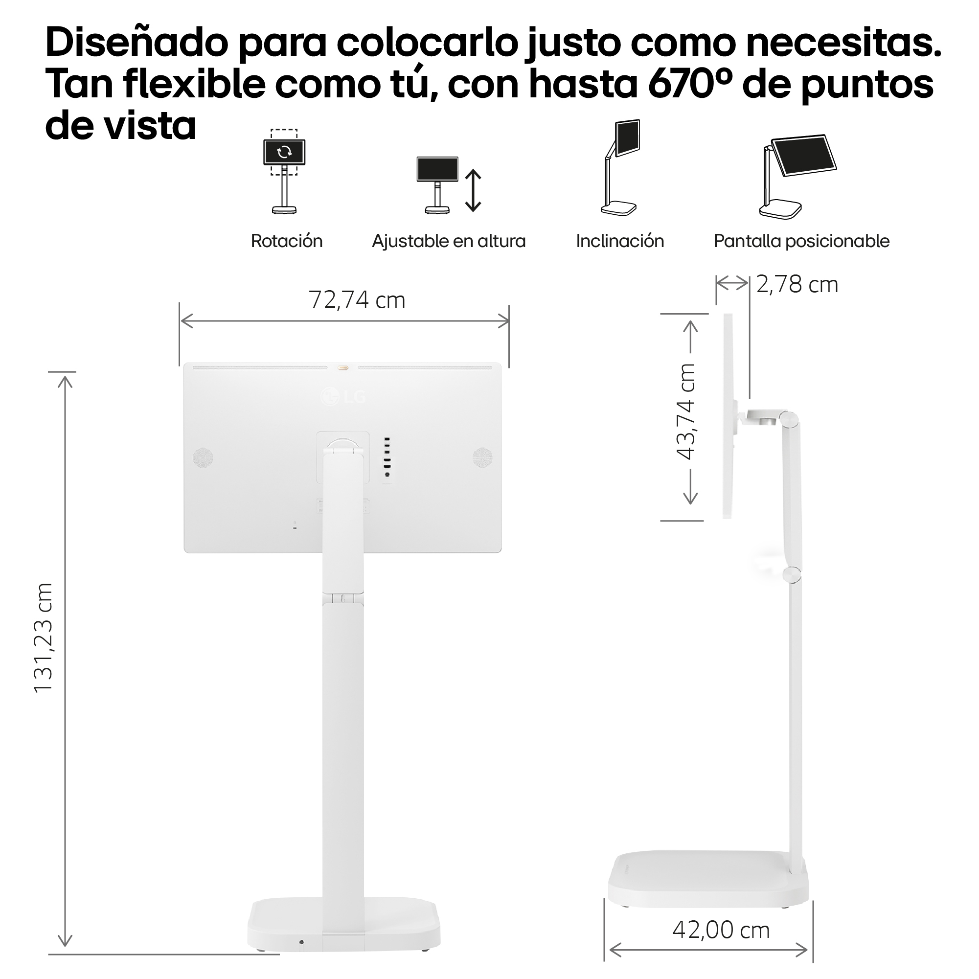 Monitor blanco sobre un soporte. Muestra dimensiones, iconos de rotación, ajuste de altura, inclinación y posición de pantalla.