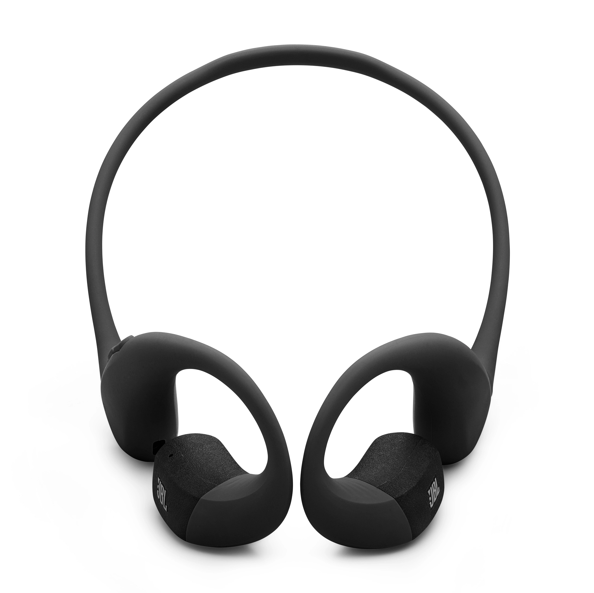 Schwarze kabellose JBL-Kopfhörer auf weißem Hintergrund. Ohrhörer haben JBL-Logo, Kopfband verläuft oben.