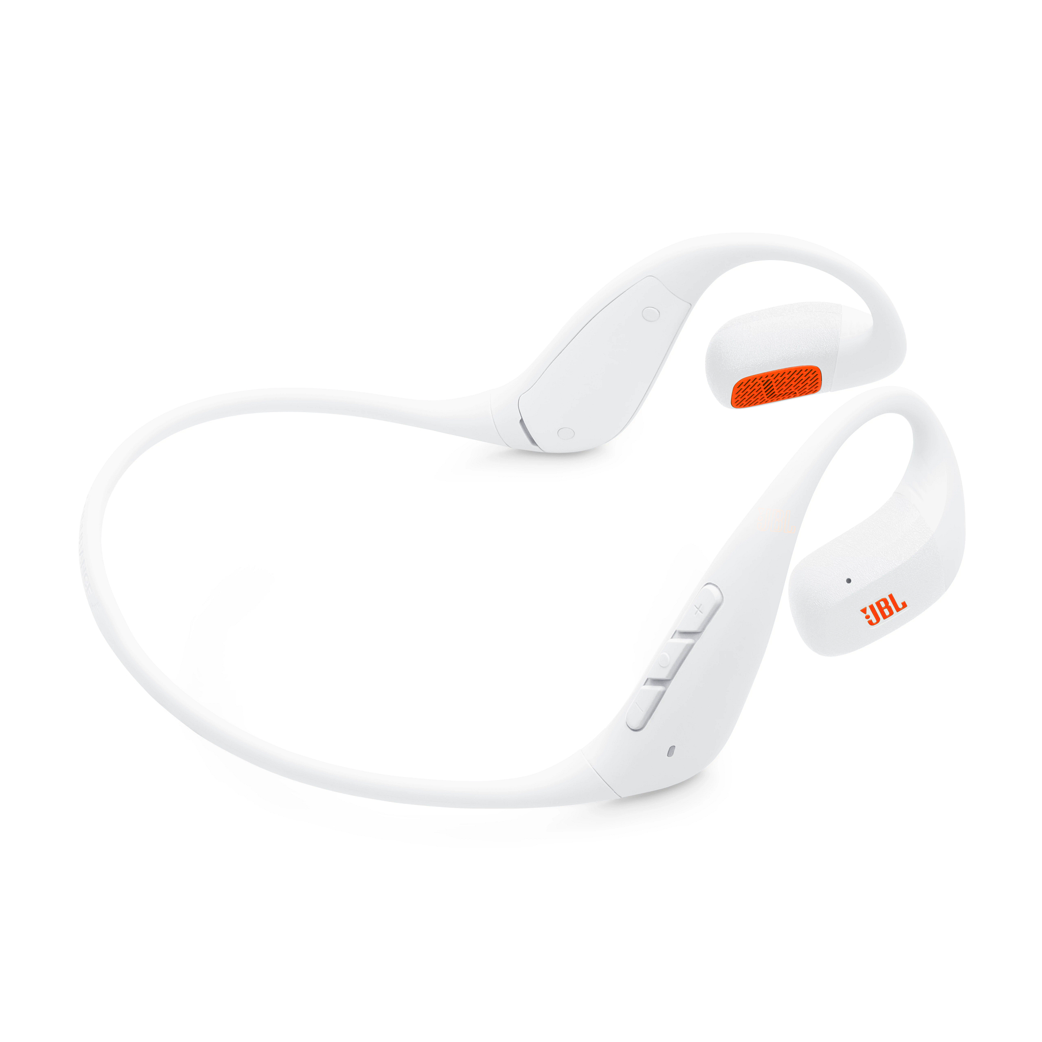 Weiße JBL-Kopfhörer mit orangefarbenen Akzenten. Sie haben ein Over-Ear-Design mit Knöpfen und dem JBL-Logo.