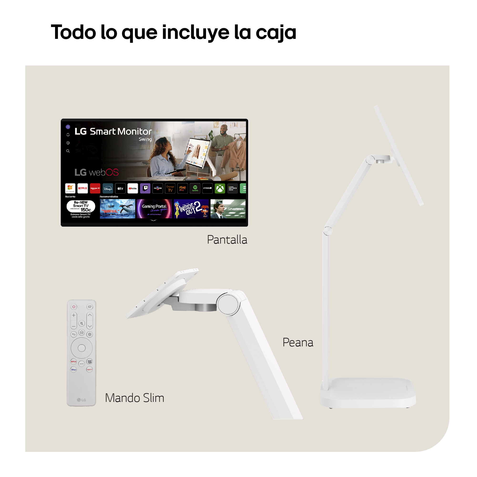 La imagen muestra un Smart Monitor, un mando y un soporte. La pantalla muestra el menú webOS con iconos de aplicaciones.