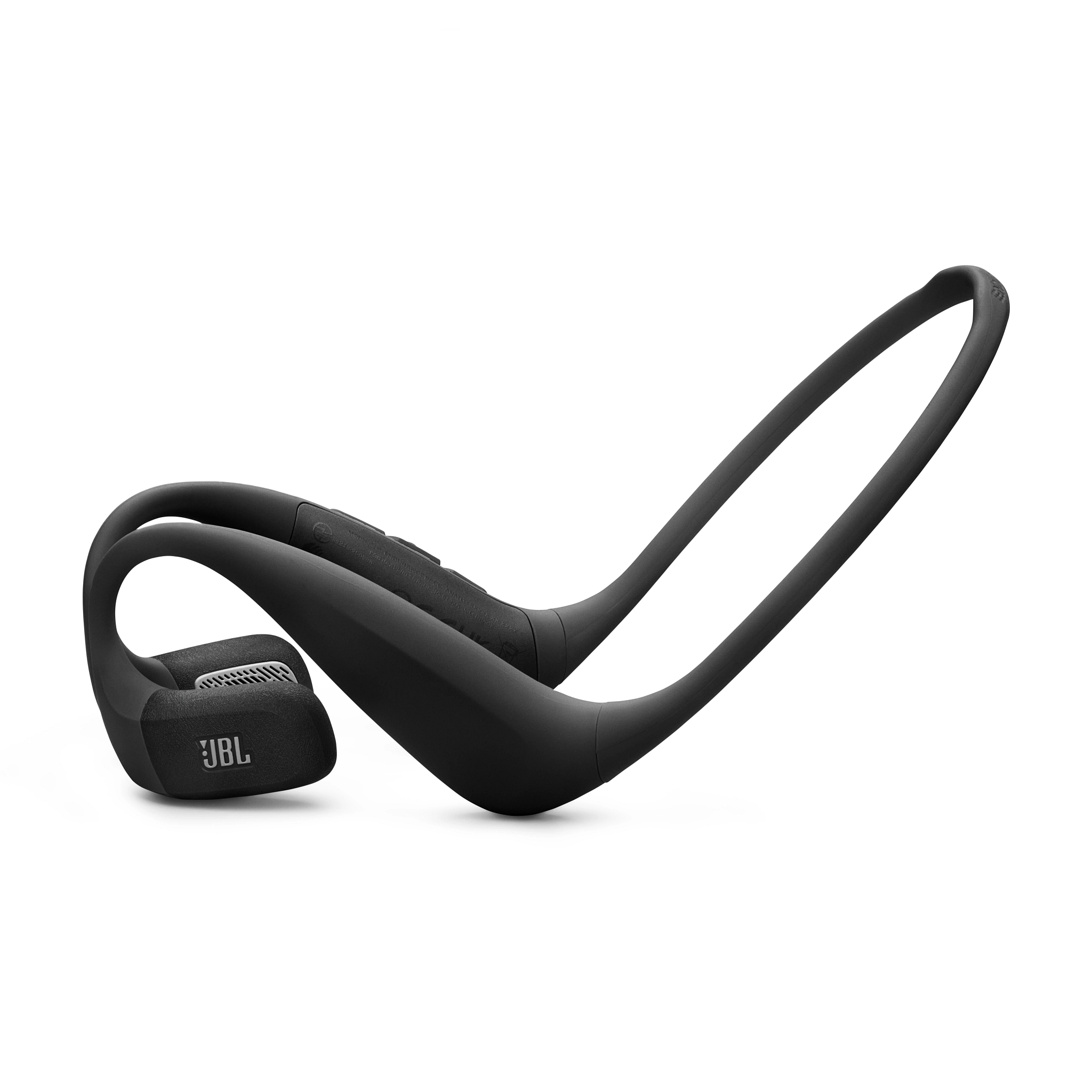 Schwarze JBL-Knochenschallkopfhörer. Das Design umfasst Ohrbügel und ein Band. Weißer Hintergrund.