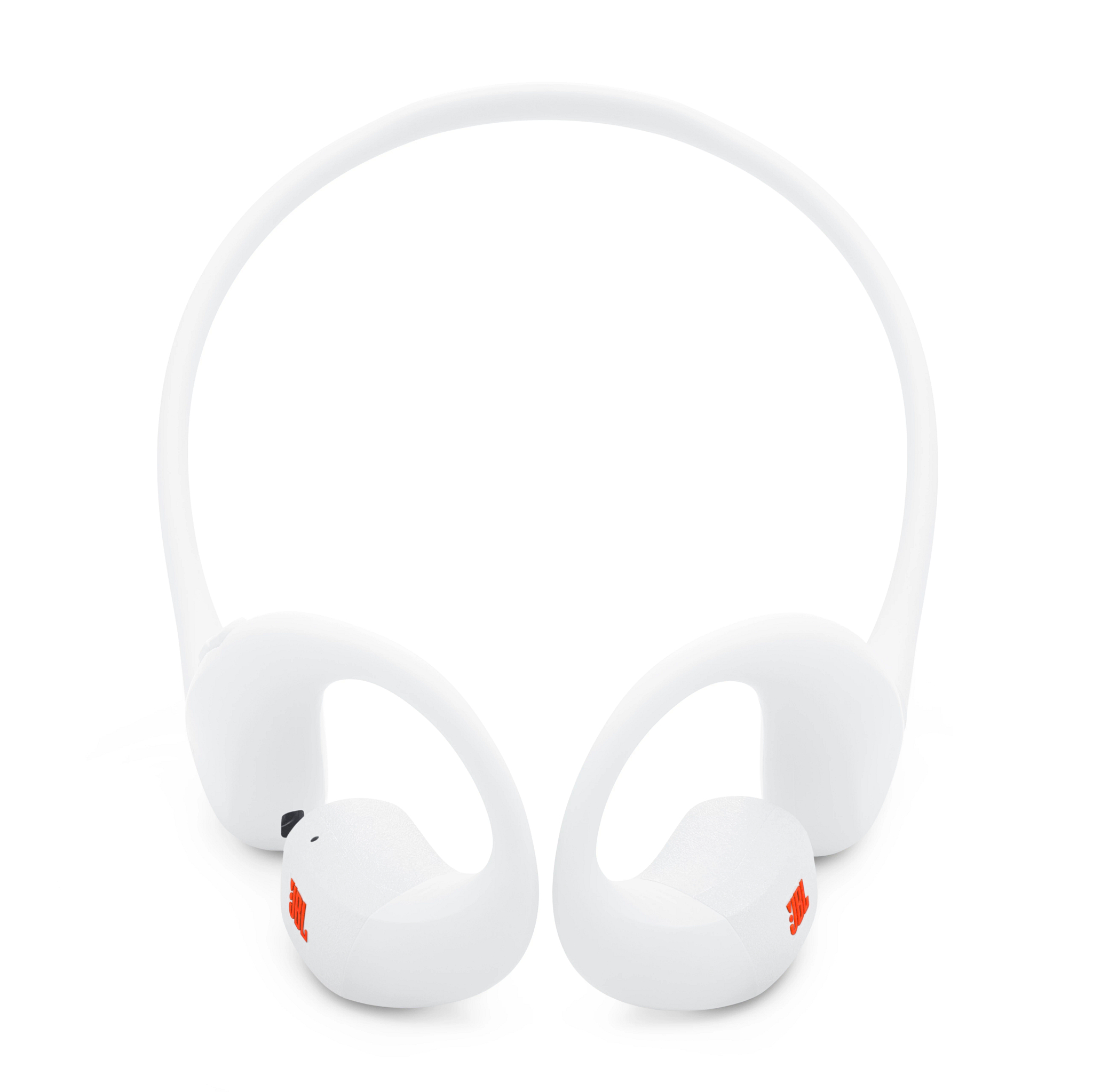 Weiße JBL-Kopfhörer mit orangen Logos auf weißem Hintergrund. Ohrmuscheln und Kopfbügel sind sichtbar.