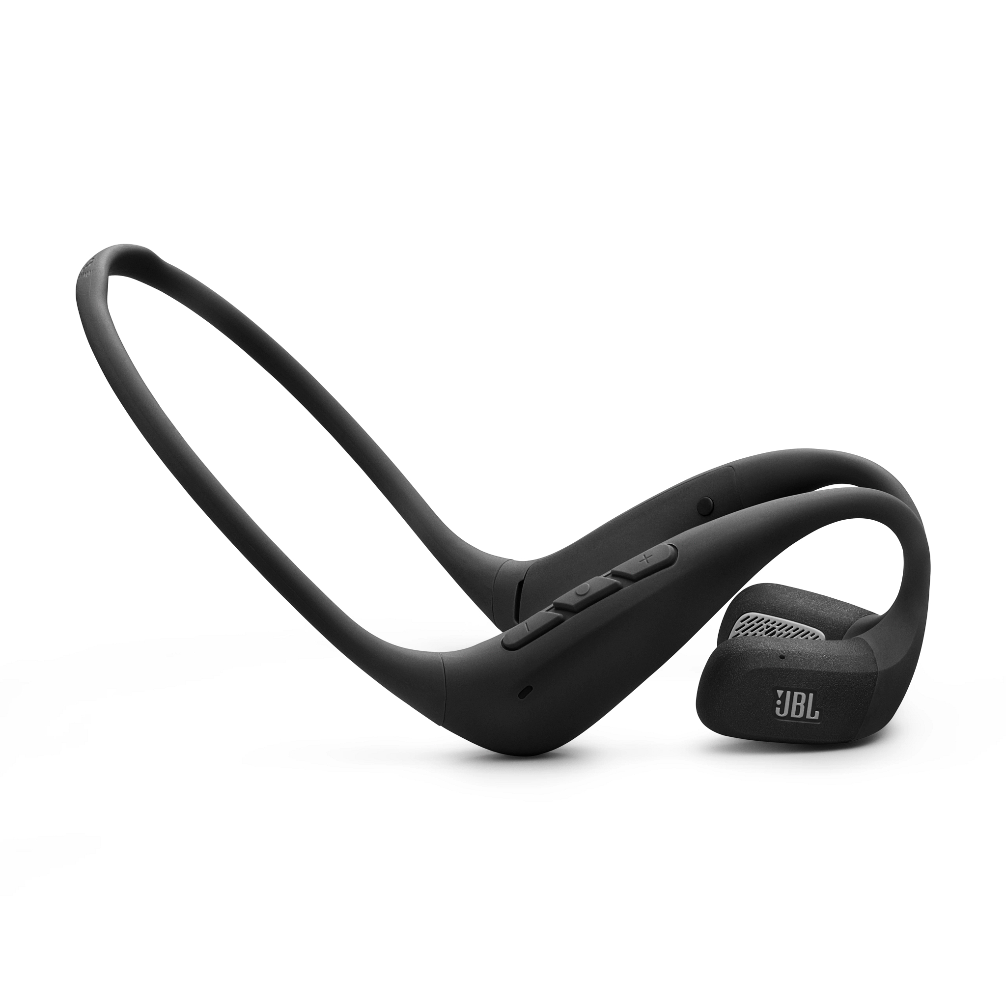 Schwarzer JBL-Kopfhörer auf weißem Hintergrund. Sie haben ein Nackenband-Design mit Ohrhörern. Knöpfe sind sichtbar.