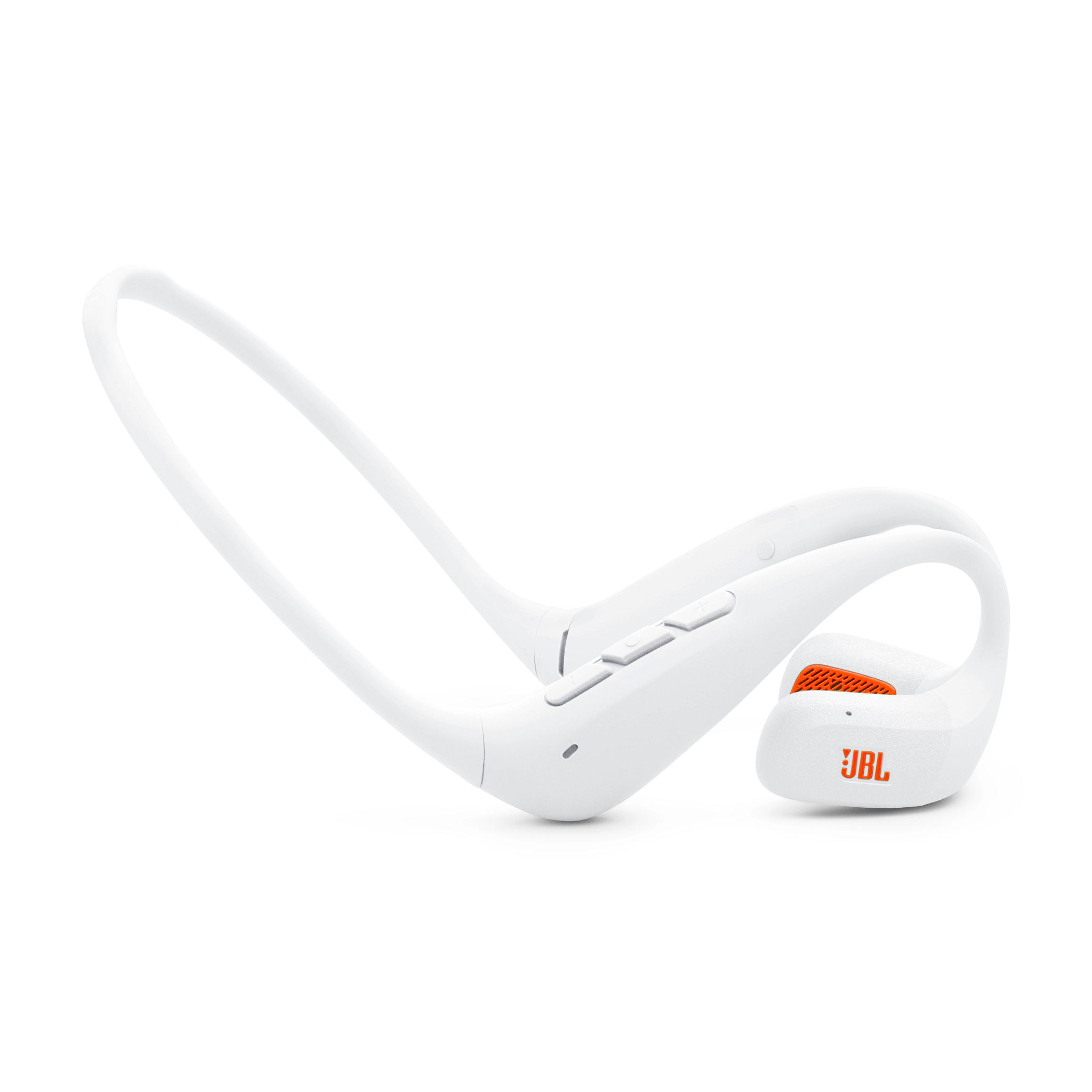 Weiße JBL-Funkkopfhörer auf weißem Hintergrund. Orangefarbene Akzente und JBL-Logo sind sichtbar.