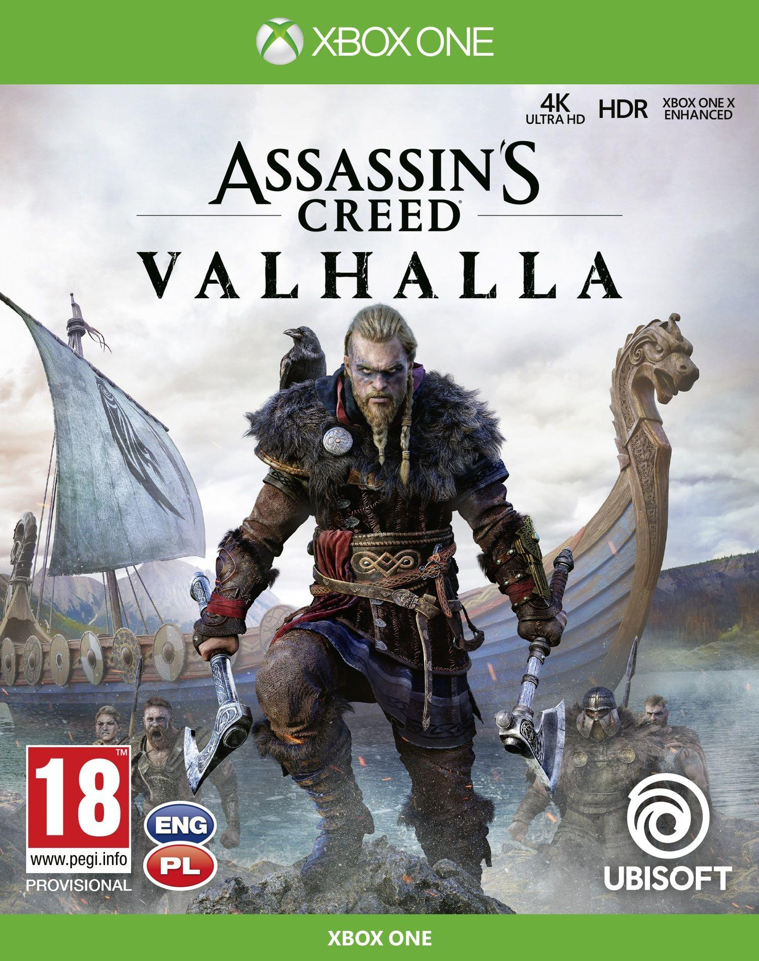 Okładka Assassin's Creed Valhalla. Wiking trzyma topory. Na tle długi statek. Logo Xbox One na górze.